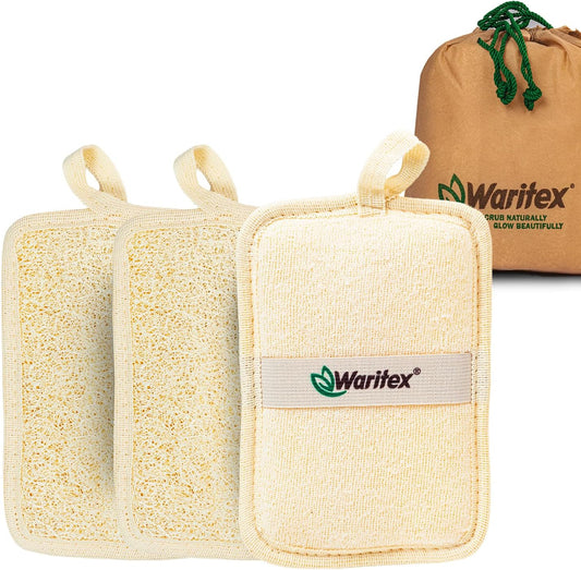 Waritex Egyptian Loofah Rectangular Body Scrubbers with Hand Strap, Exfoliating Bath Pads Made from Natural Egyptian Loofah Fibers, Gentle Deep Cleansing for Men and Women in Shower 3 Count (1 Pack)