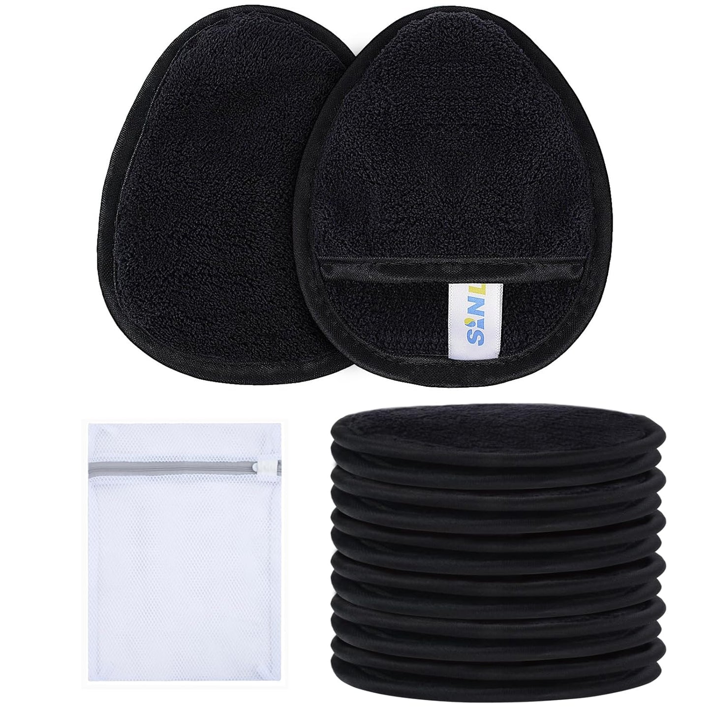 SINLAND Reusable Makeup Remover Pads For Face,Eye,Lips Microfiber Gentle Facial Cleansing Cloths for All Skin Types Friendly for Makeup Remover With Laundry Bag Black Pack of 12