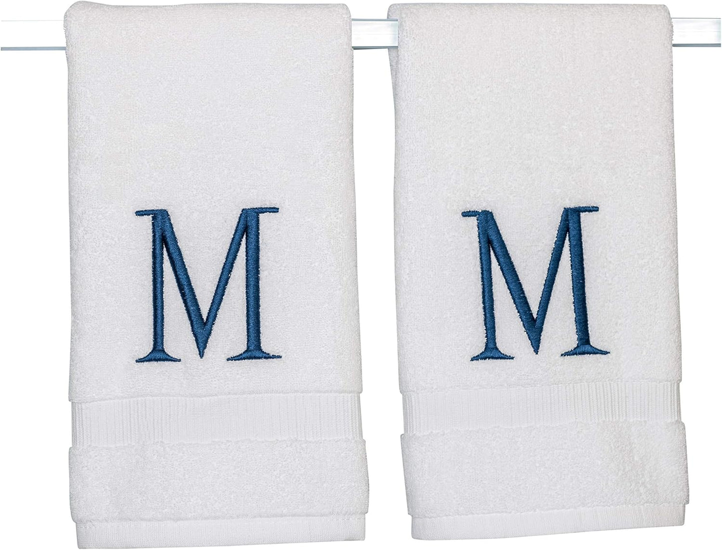 Monogrammed Hand Towels for Bathroom - Luxury Hotel Quality Personalized Initial Decorative Embroidered Bath Towel for Powder Room, Spa - GOTS Organic Certified - Set of 2 Navy Letter M