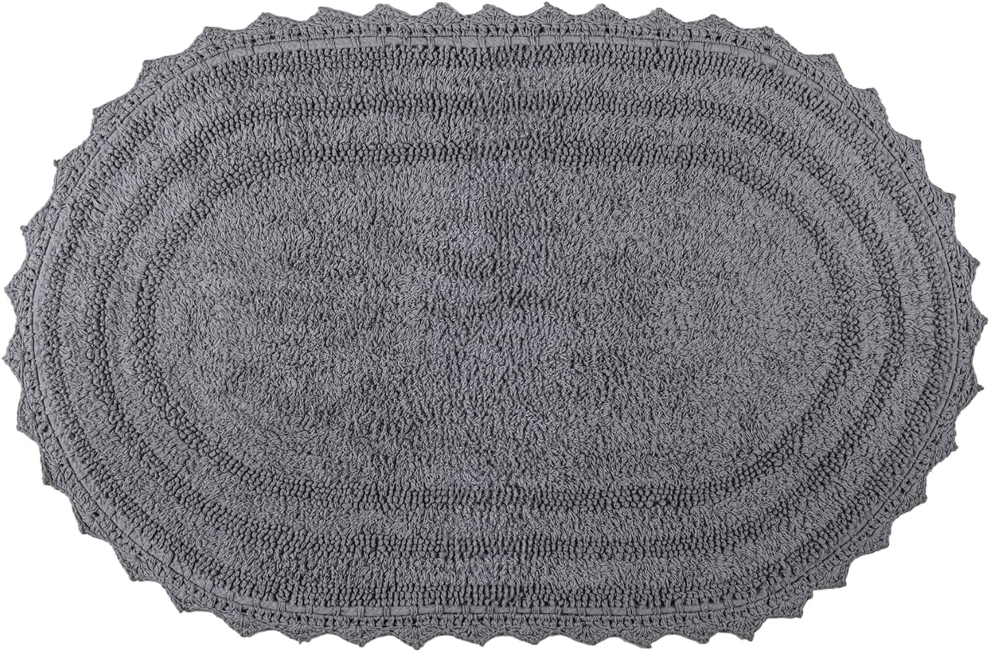 RAJRANG Titanium Grey Oval Cotton Bath Rug 34x21 Inches | Reversible Soft Absorbent Bathroom Mat with Crochet Border | Boho Handwoven Rug for Spa, Kitchen, or Vanity