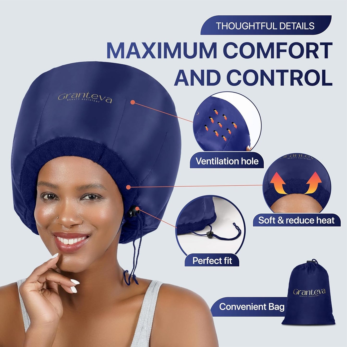 Granteva Hair Dryer Bonnet Attachment w/A Headband Integrated That Reduces Heat Around Ears & Neck - Blow Dryer Attachment for Hair Dryer, Speeds Up Drying Time