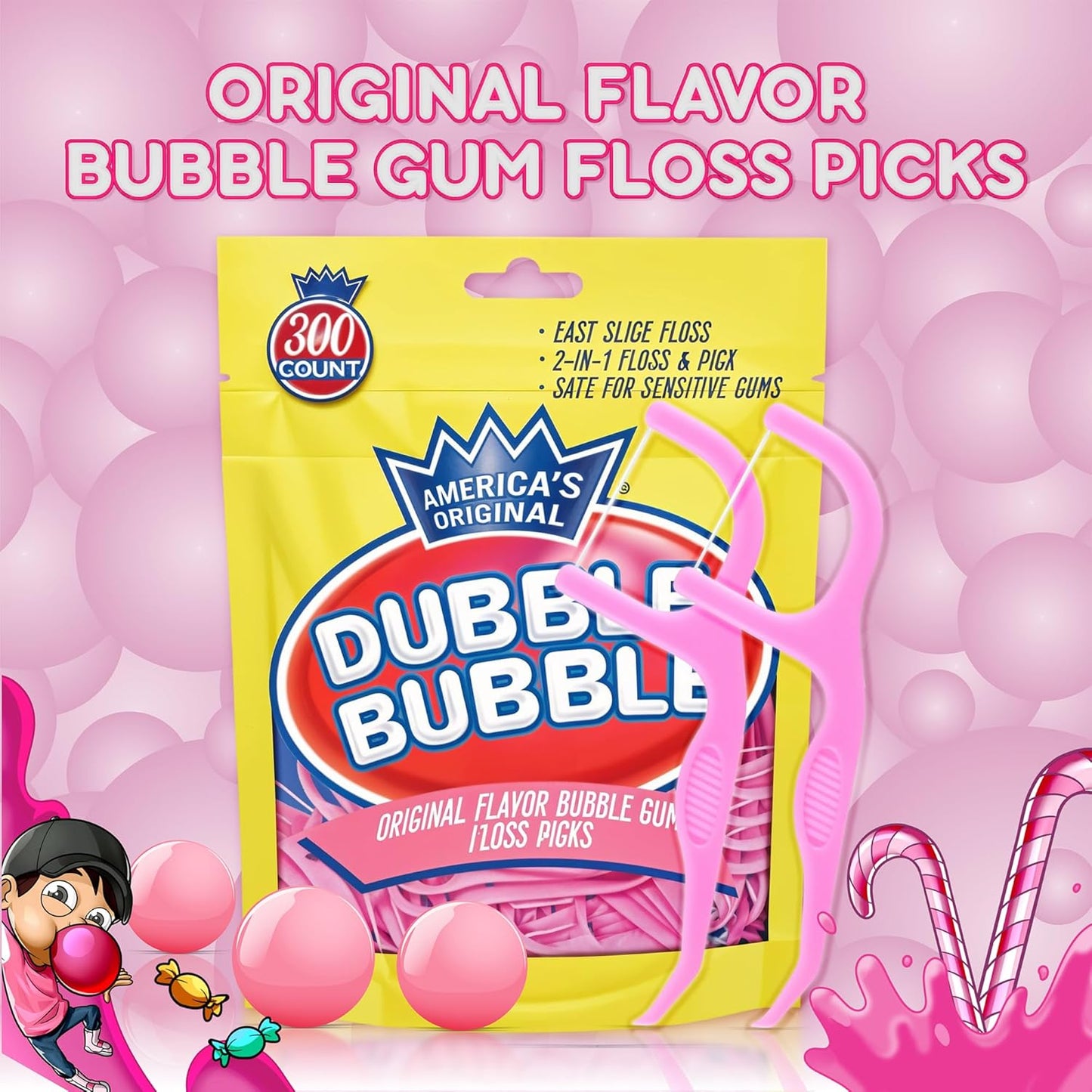 Flavored Floss Picks, 300 Count, Dental Floss Picks for Teeth with Fun Fruit Flavors, Flosser Picks for Adults and Children, | Bubble Gum Flavor