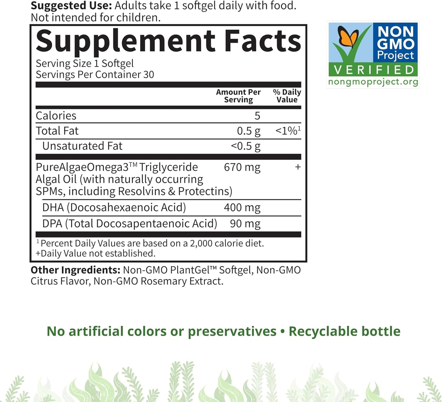 Garden of Life Omega 3 Vegan DHA Supplements Dr. Formulated Vegan DHA, 400mg DHA & 90mg DPA in Triglyceride Form from a Single Source, Omega 3 Supplement for Women's and Men's Health, 30 Softgels