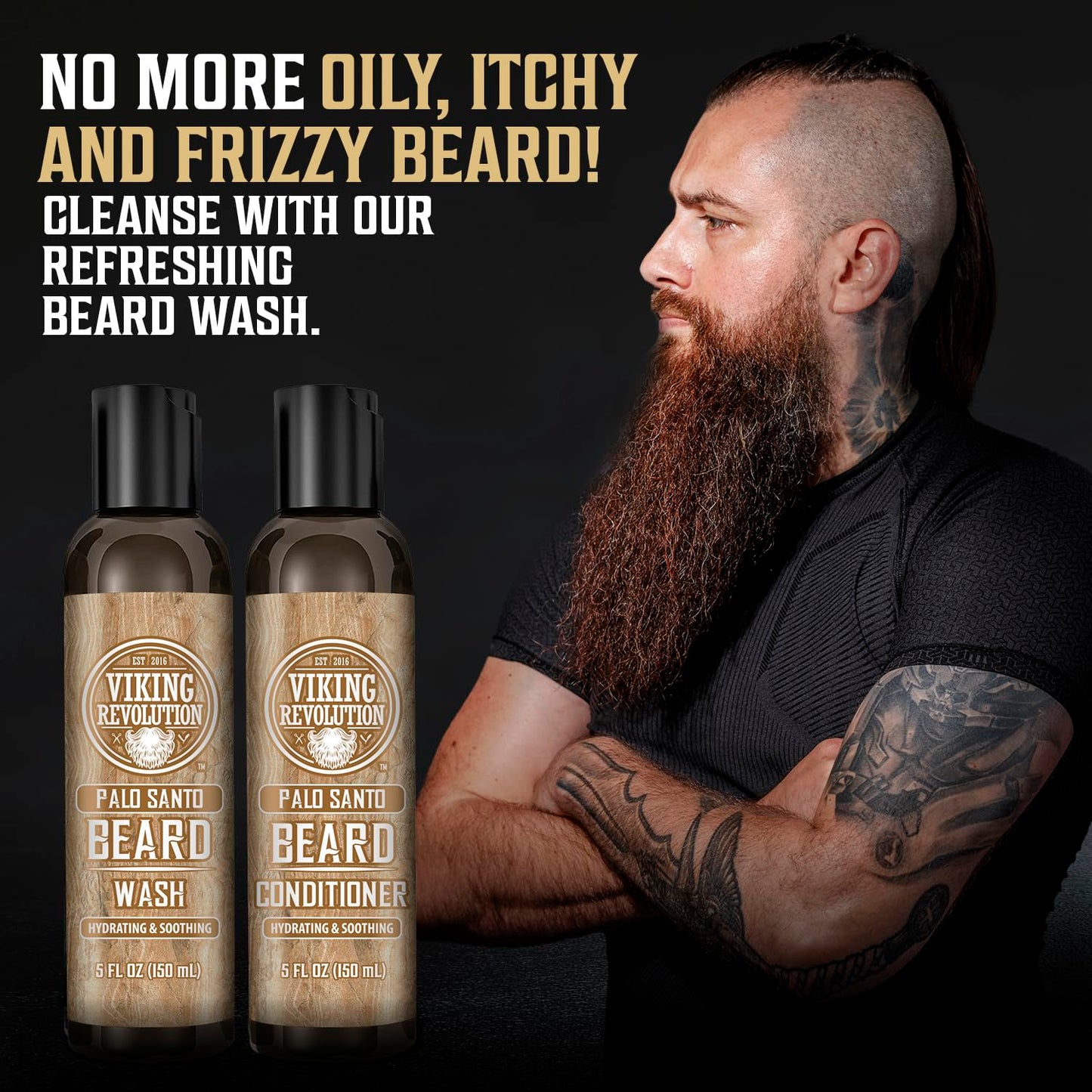 Viking Revolution Beard Wash and Beard Conditioner for Men with Argan Oil and Jojoba Oil - Beard Softener and Strengthener Beard Care Beard Shampoo and Conditioner with Ginseng Root (5oz, Palo Santo)