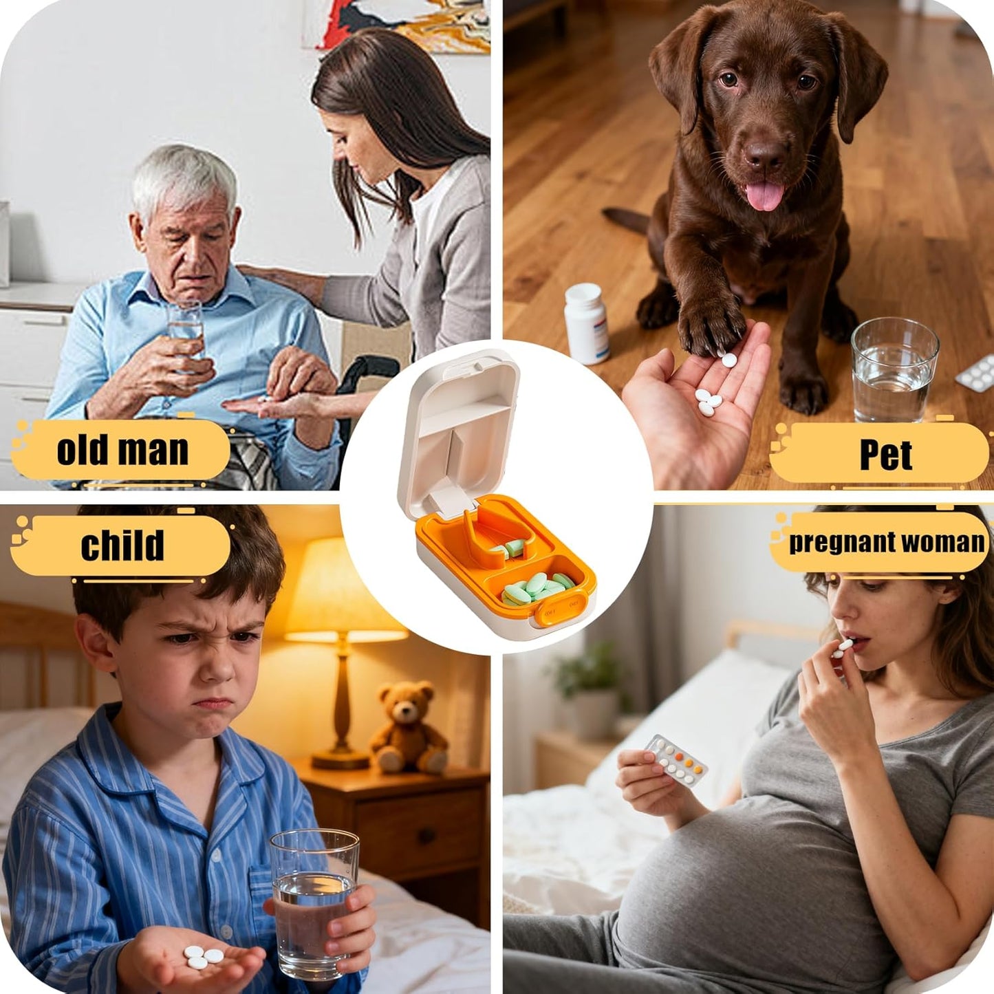 Pill Cutter Splitter for Small or Large Pills with Safety Lock - Accurate and Easy Travel-Friendly Design for Daily Use (Orange)