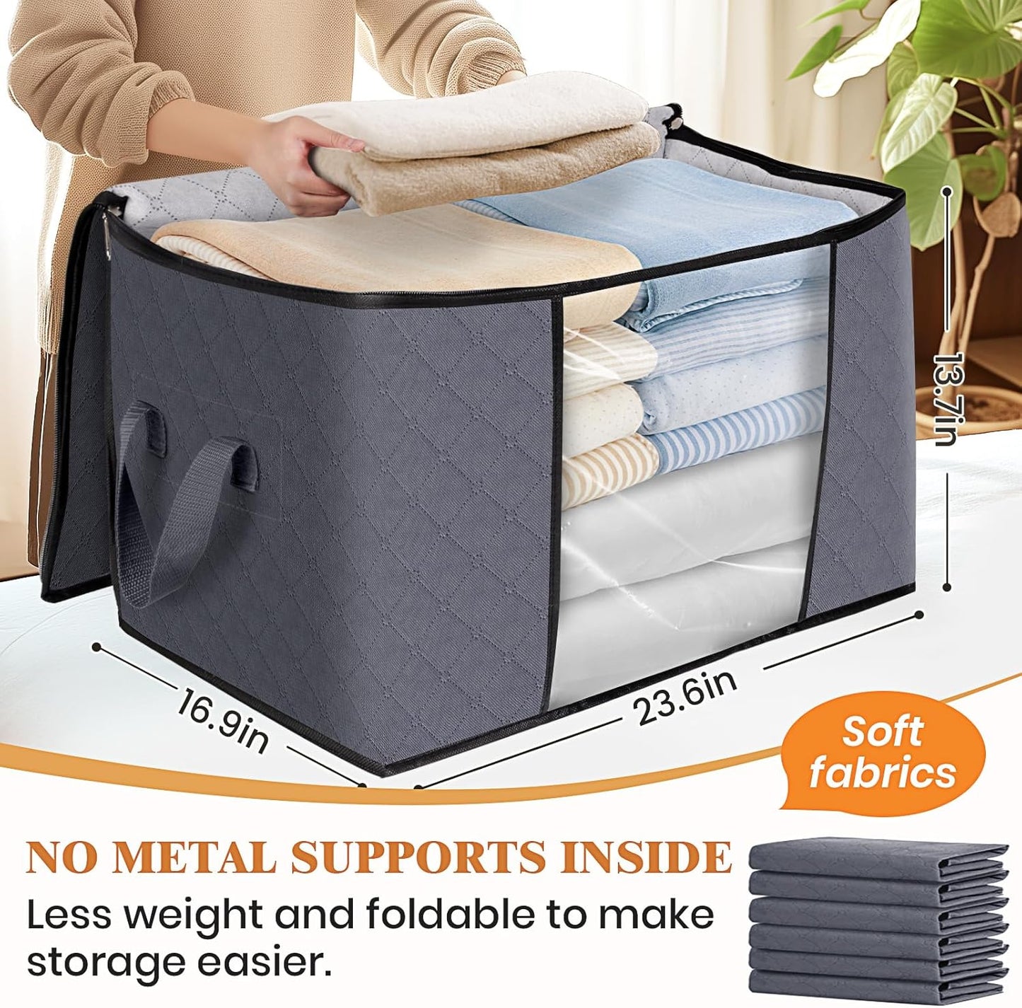 Fab totes 24 Gallons Clothes Storage, Foldable Thick Fabric Blanket Storage Bags, Containers for Organizing Bedroom, Closet, Clothing, Comforter, Organization with Handle (8 Pack,Grey)