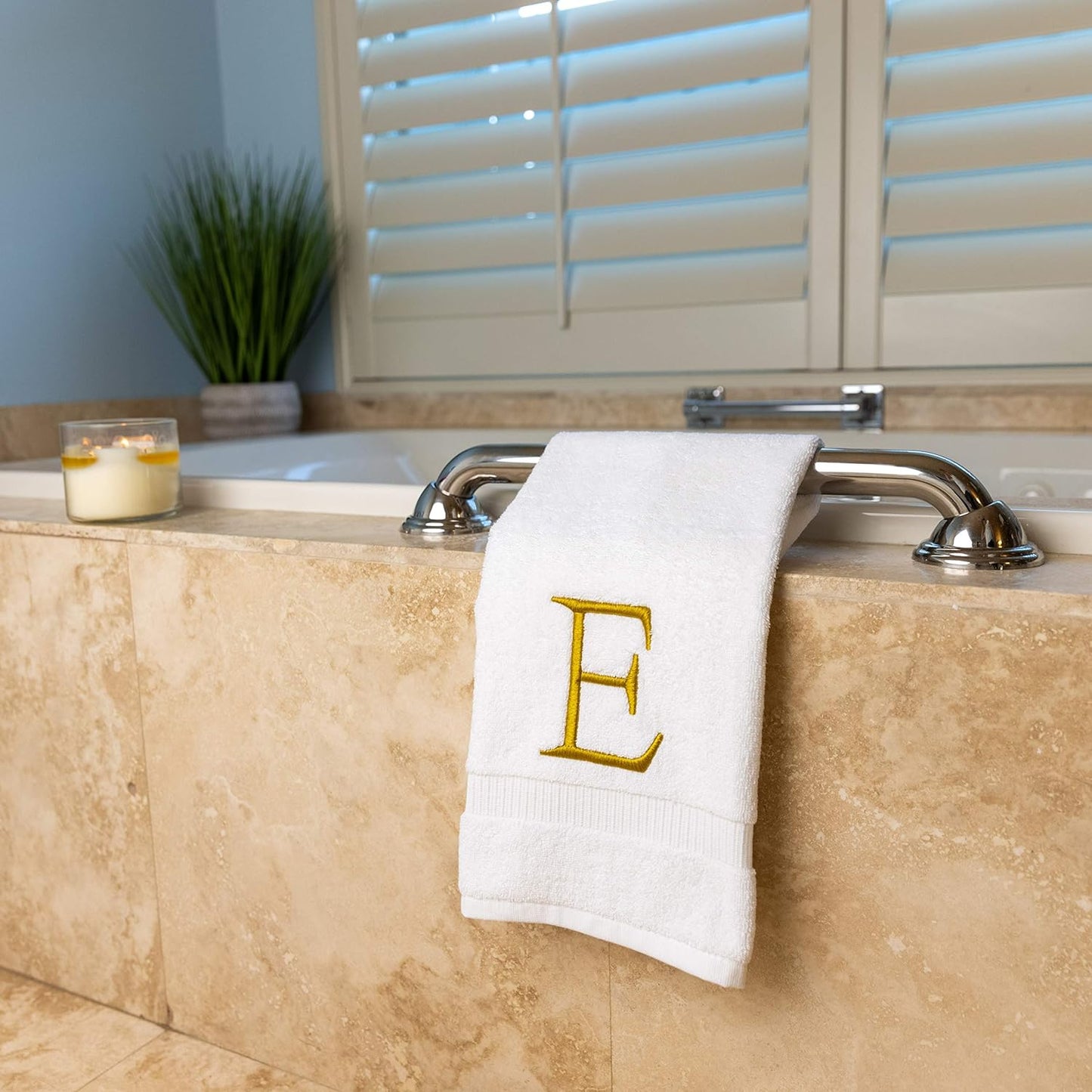 Monogrammed Hand Towels for Bathroom - Luxury Hotel Quality Personalized Initial Decorative Embroidered Bath Towel for Powder Room, Spa - GOTS Organic Certified - Set of 2 Gold Letter E