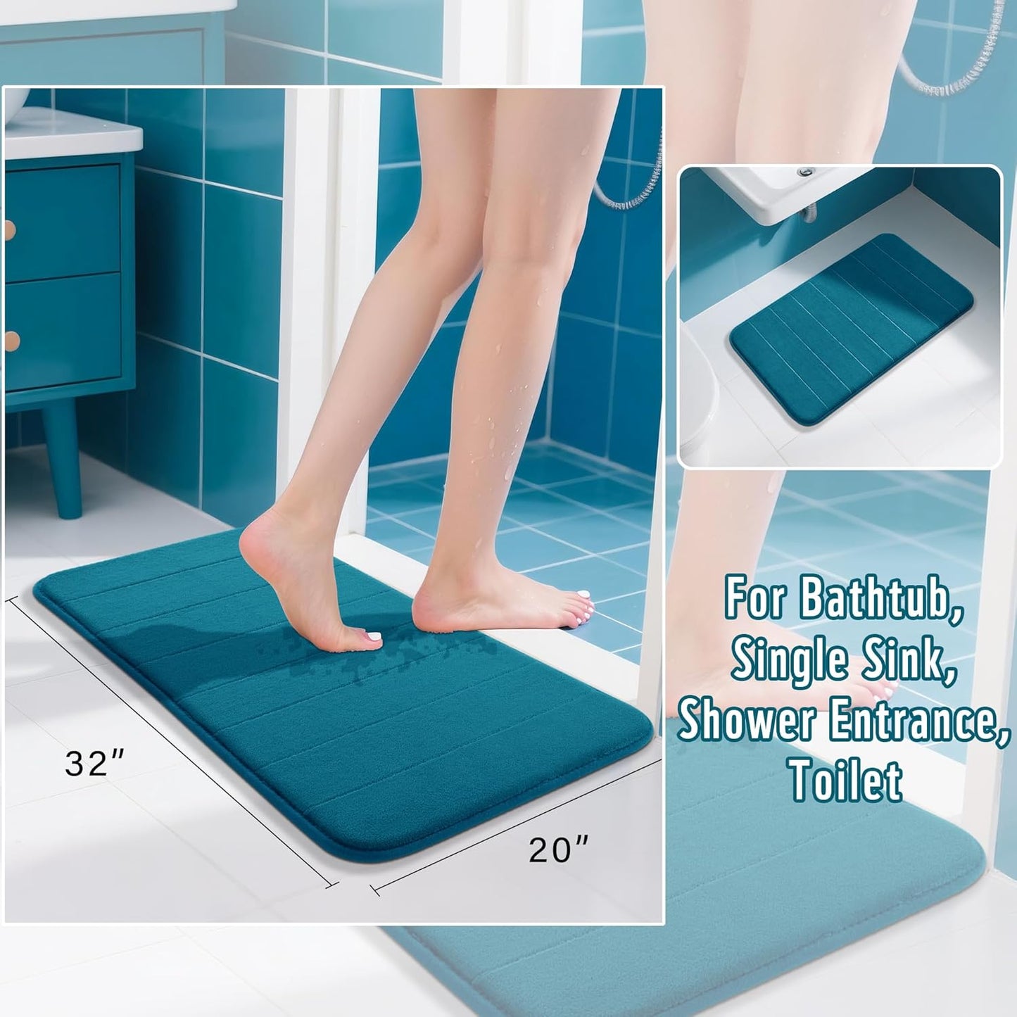 Yimobra Memory Foam Bath Mat, Super Soft Absorbent Bathroom Rug Non Slip 31.5x20 Inch, Quick Dry, Machine Washable Floor Carpet for Tub Shower, Home Decor Accessories, Peacock Blue