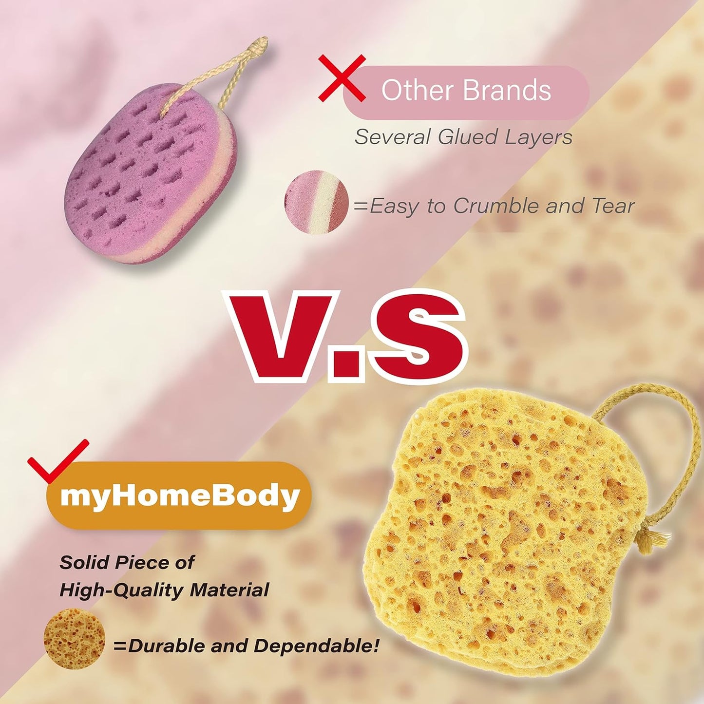 myHomeBody Bath Sponge, Foam Loofah, Body Scrubber for Bathing, Exfoliating Shower Pouf for Shower - Large Size, Lots of Lather, Square, 3 Pack