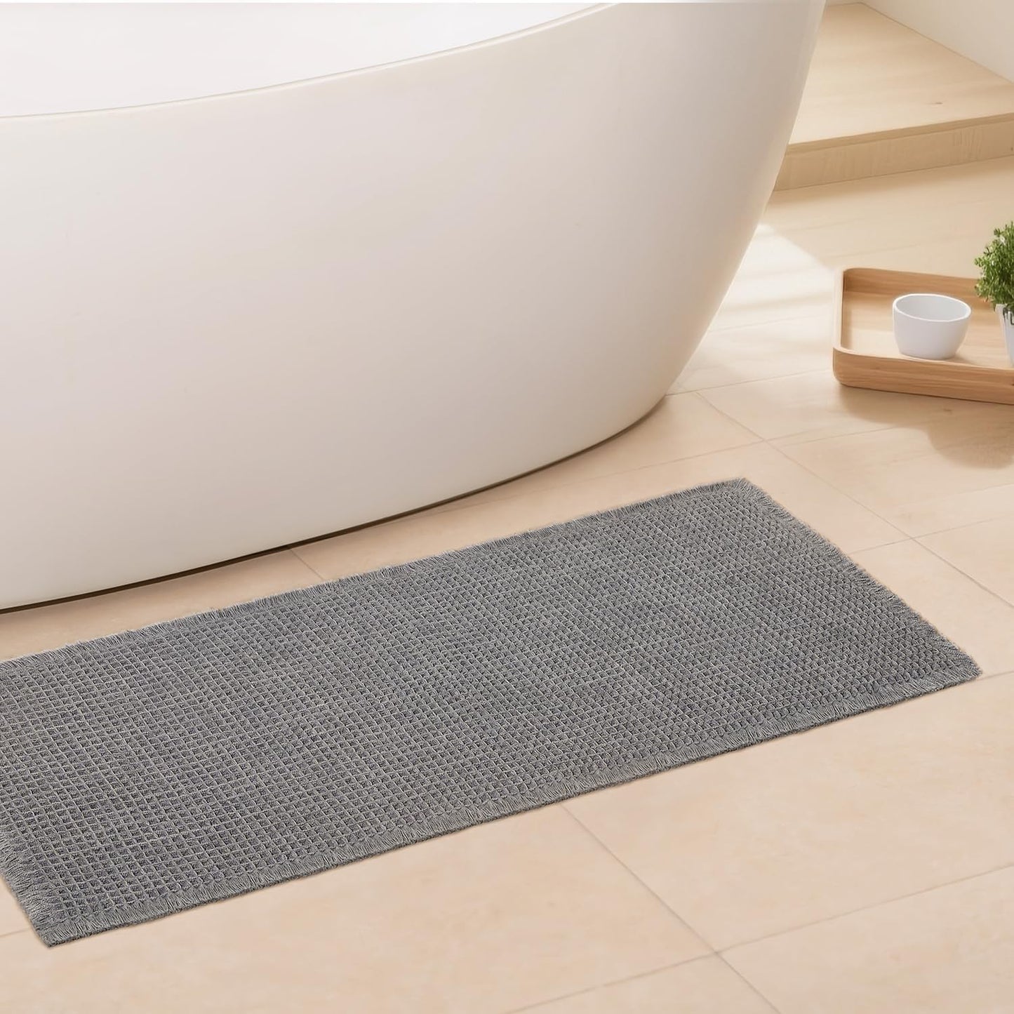 Waffle Runner Bath Mat - Long Boho Bathroom Rugs Non Slip Washable, Super Absorbent & Quick Dry, Soft Bath Mat Farmhouse Bathroom Decor, 24'' x 72'', Dark Grey