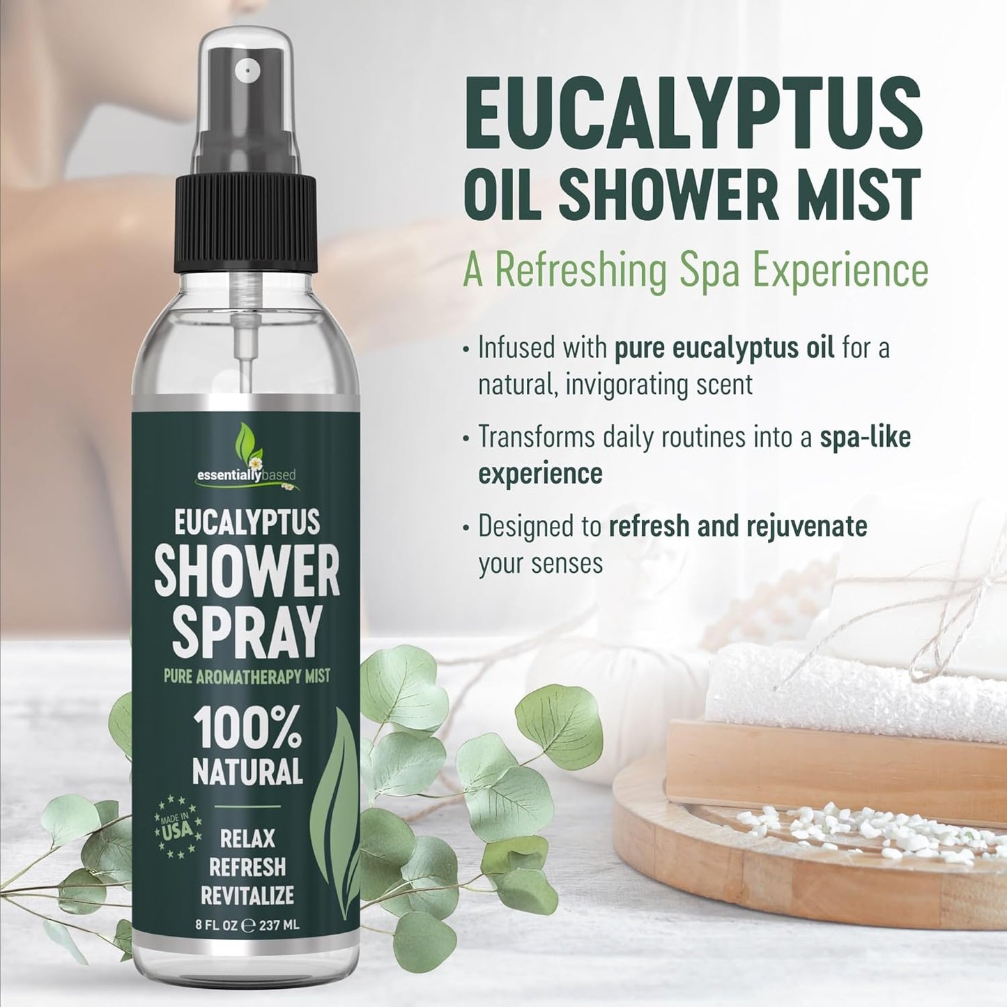 Pure Eucalyptus Shower Spray Big (8oz) - 100% Pure and Organic Oil - Eucalyptus Spray for Shower, Sauna and Spa - Steam Room Oil - Made in USA - Big (8oz)