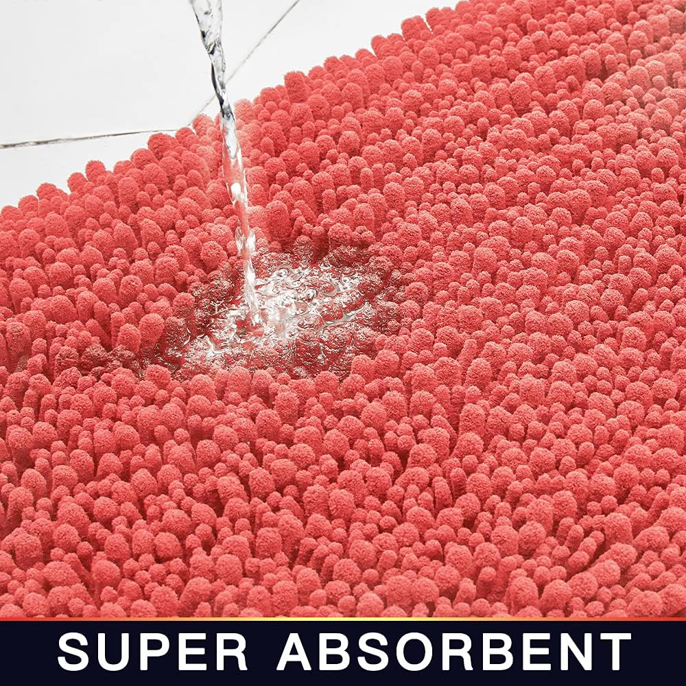 Walensee Bathroom Rug 2 Pieces Set Non Slip Bath Mat (20"x32" Plus 20"x24" U Living Coral) Water Absorbent Super Soft Shaggy Chenille Machine Washable Dry Extra Thick Perfect Carpet for Shower Floor