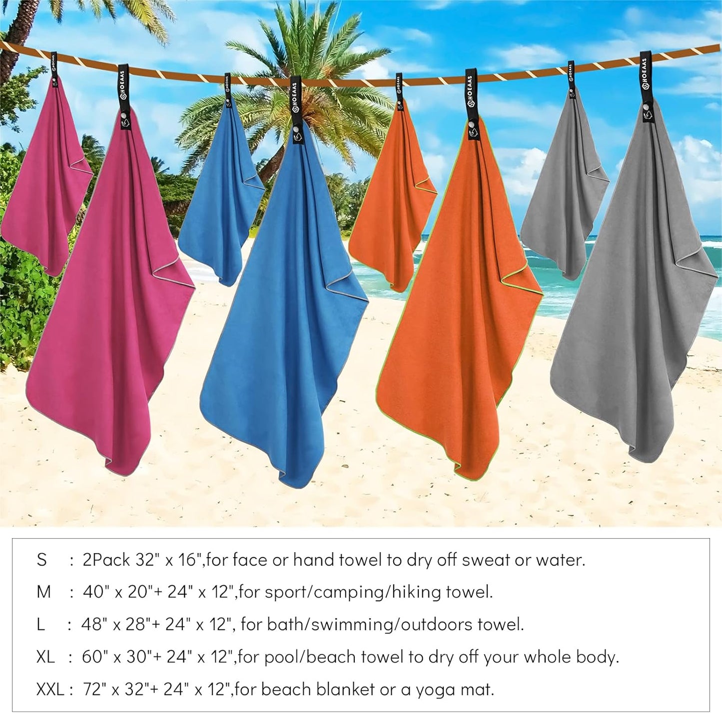 HOEAAS 2 Pack Microfiber Camping Towels, Quick Dry Towel, Super Absorbent Ultra Compact Travel Towel Soft Lightweight Sports Towel for Sweat Fast Drying Towels for Pool,Gym,Hiking,Backpacking,Fitness