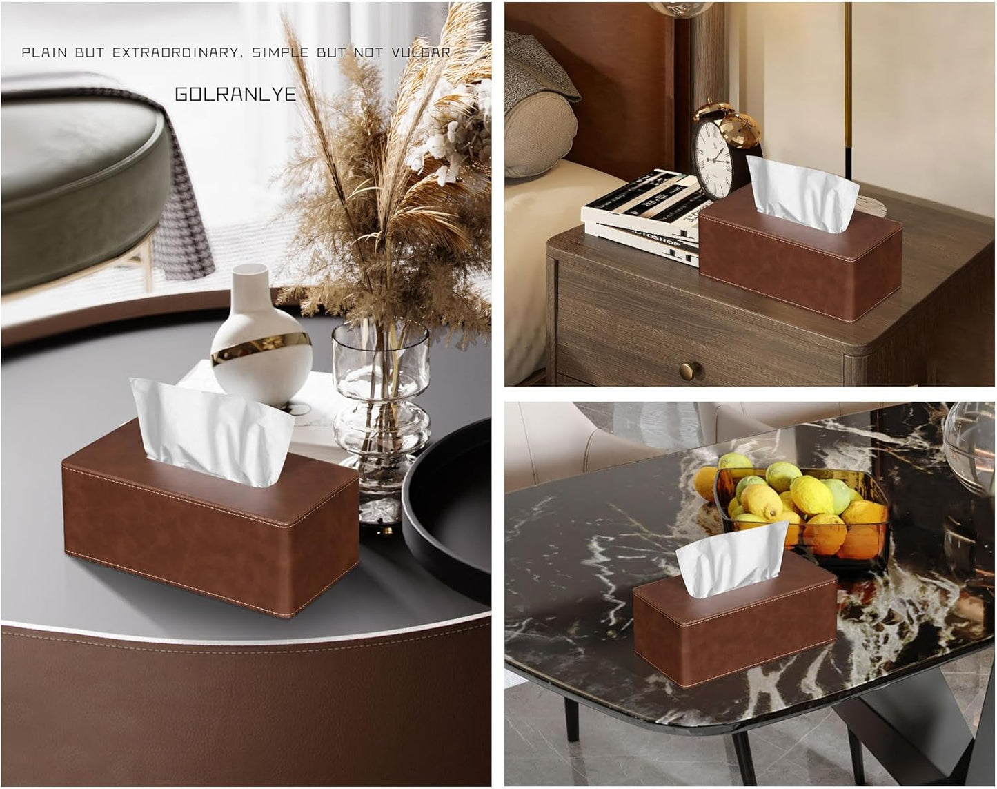 Tissue Box Cover Rectangular 9.8"(L) x 5.3"(W) x 4.3"(H) Refined Modern PU Leather Facial Tissue Dispenser Box Holder for Dresser Bathroom Decorative (Brown)