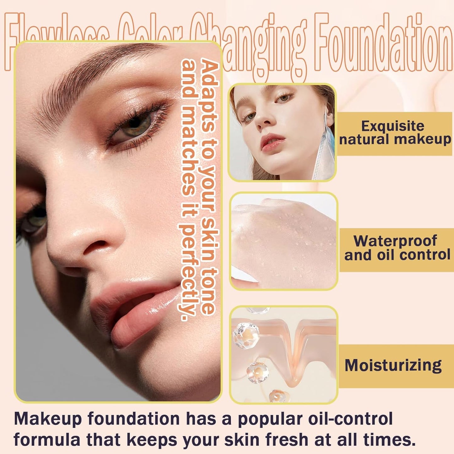 2PCS Color Changing Foundation Makeup Set with 2 Makeup Sponges,Moisturizing Full Coverage Liquid Foundation for Women,Non-greasy Long Lasting Flawless Concealer Cream Makeup Foundation Set