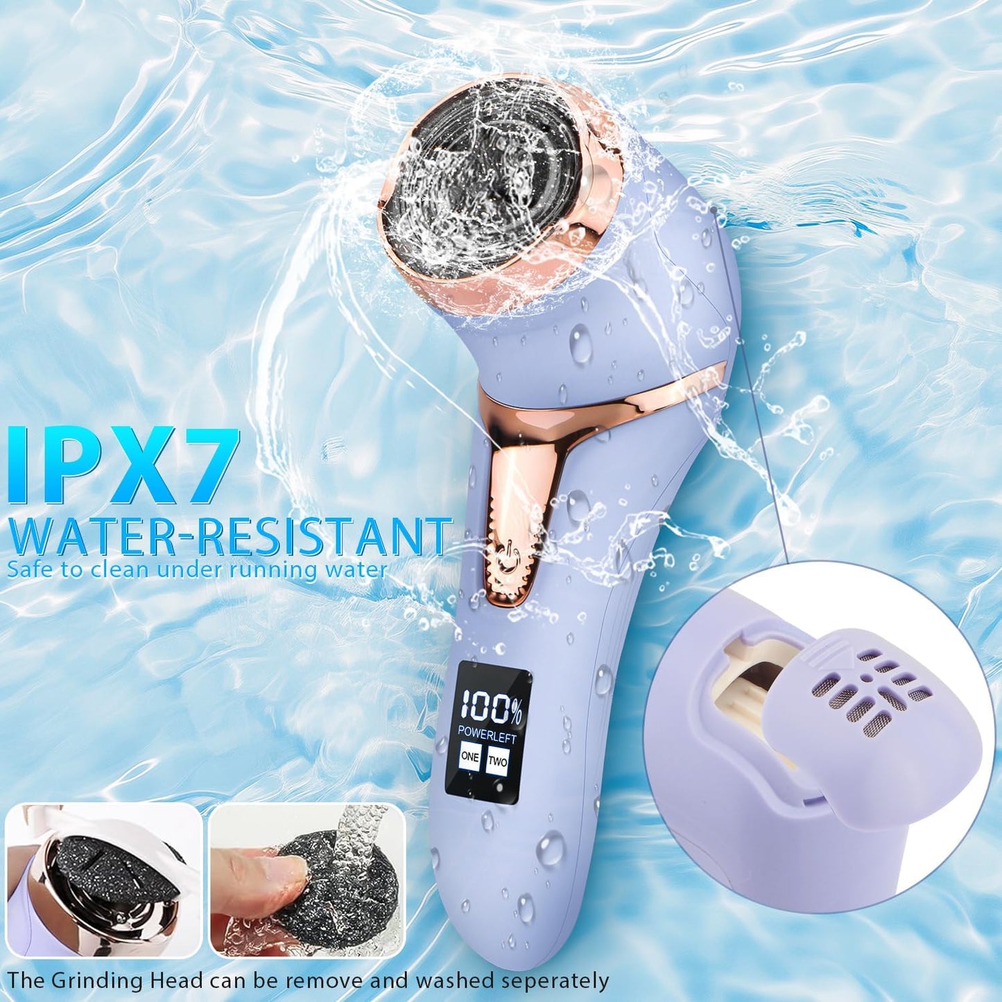 Callus Remover for Feet (with Dander Vacuum), Portable Pedicure Kit Foot File Callus Remover, Rechargeable Waterproof Foot File for Foot Care Deadskin Remover with 3Head&LCD Display, Purple