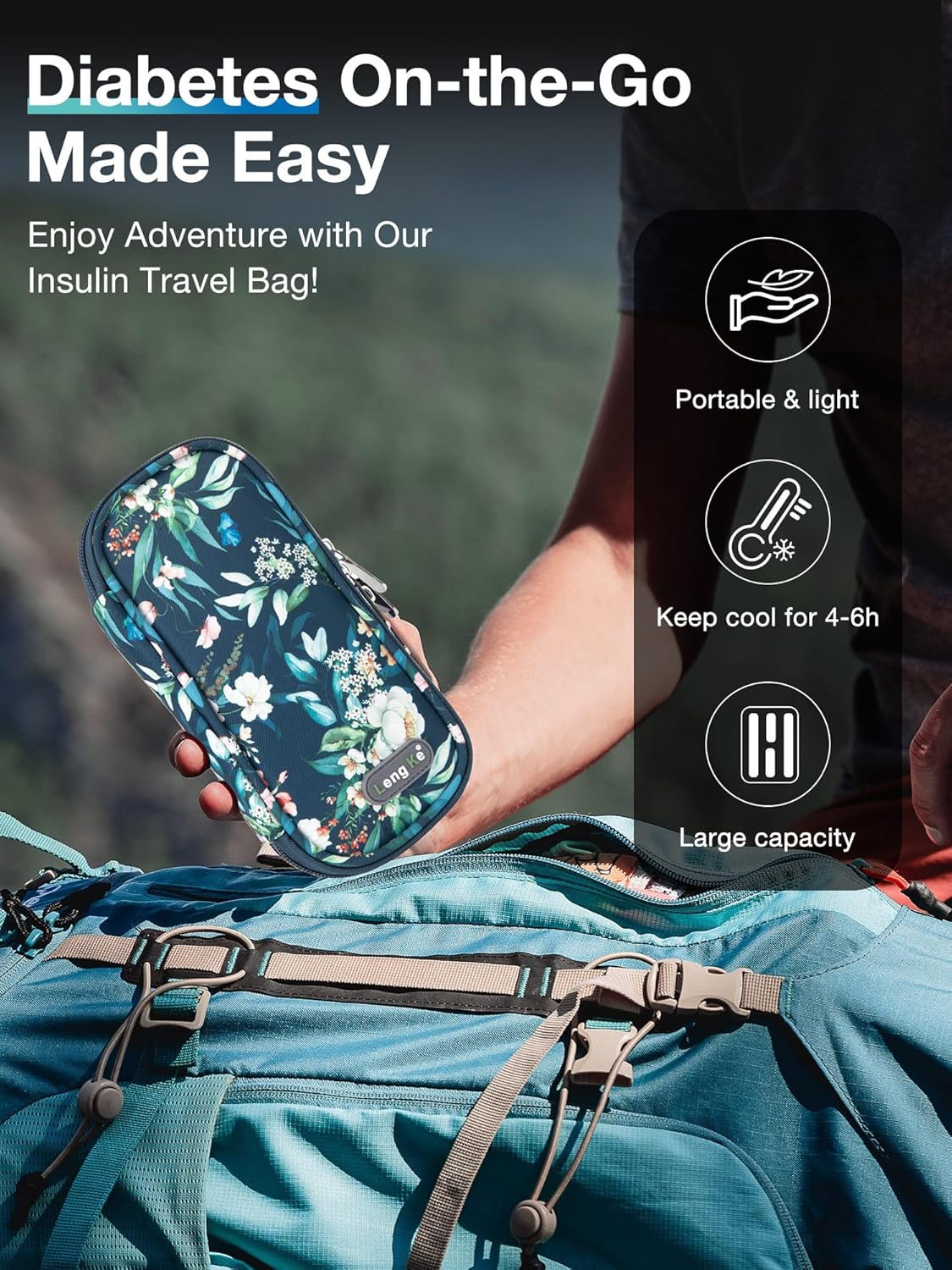 Insulin Cooler Travel Case, Insulin Pen Cooler, TSA Approved, Camellia Blue, Floral