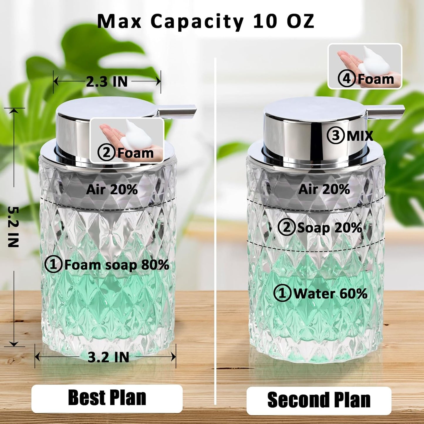 Bathroom Glass Soap Dispenser with Durable Rust-Proof Plastic Foam Pump Hand Lotion Dispenser Antislip Shampoo Kitchen 10oz