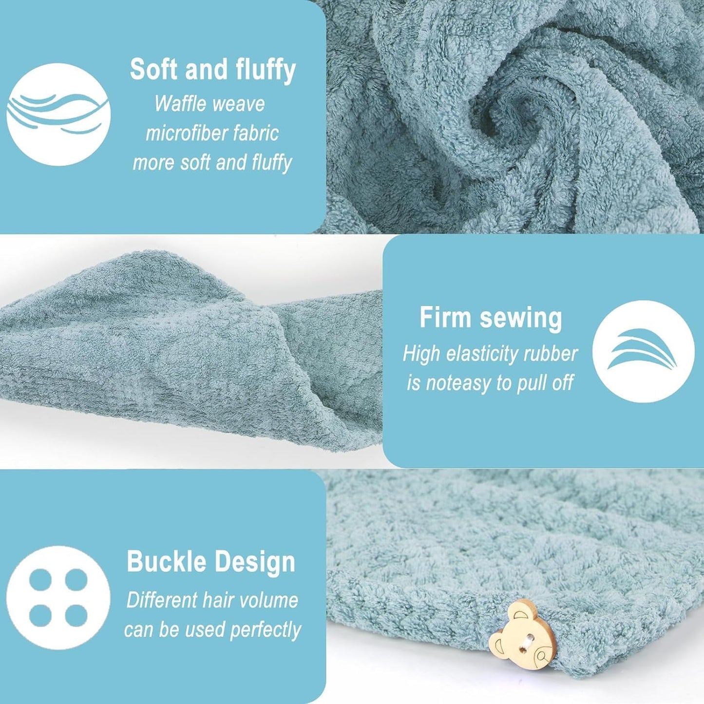 3 Pack Microfiber Hair Towel Wrap for Women, Fast Drying Hair Turban with Button, Anti-Frizz Large Hair Towel for All Hair Styles, Soft & Absorbent Hair Drying Towel