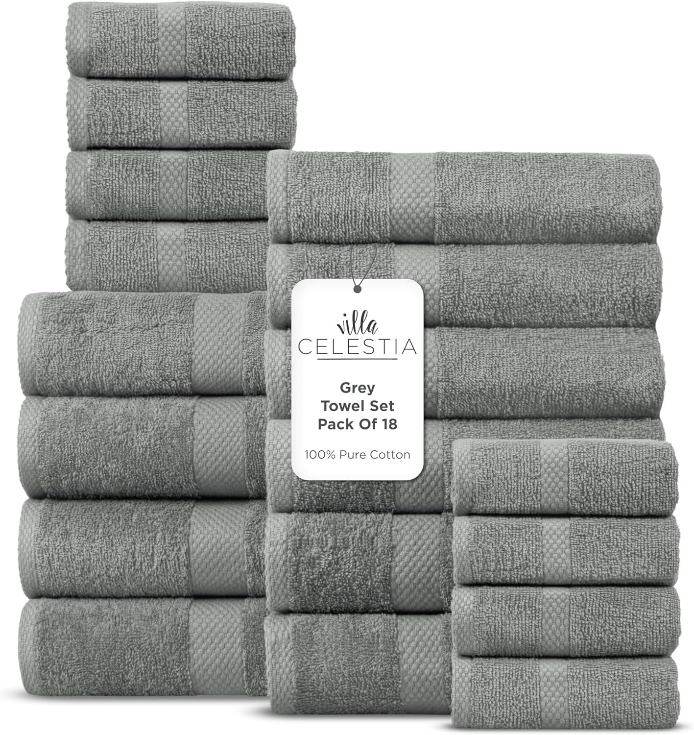 100% Cotton Bath Towel Set of 18-4 Bath Towels, 6 Hand Towels, 8 Wash Cloths, Sustainable, Soft, Highly Absorbent, Combed Cotton 18 Piece Set for Hotels, Spa, Bathroom, Dorm, Grey