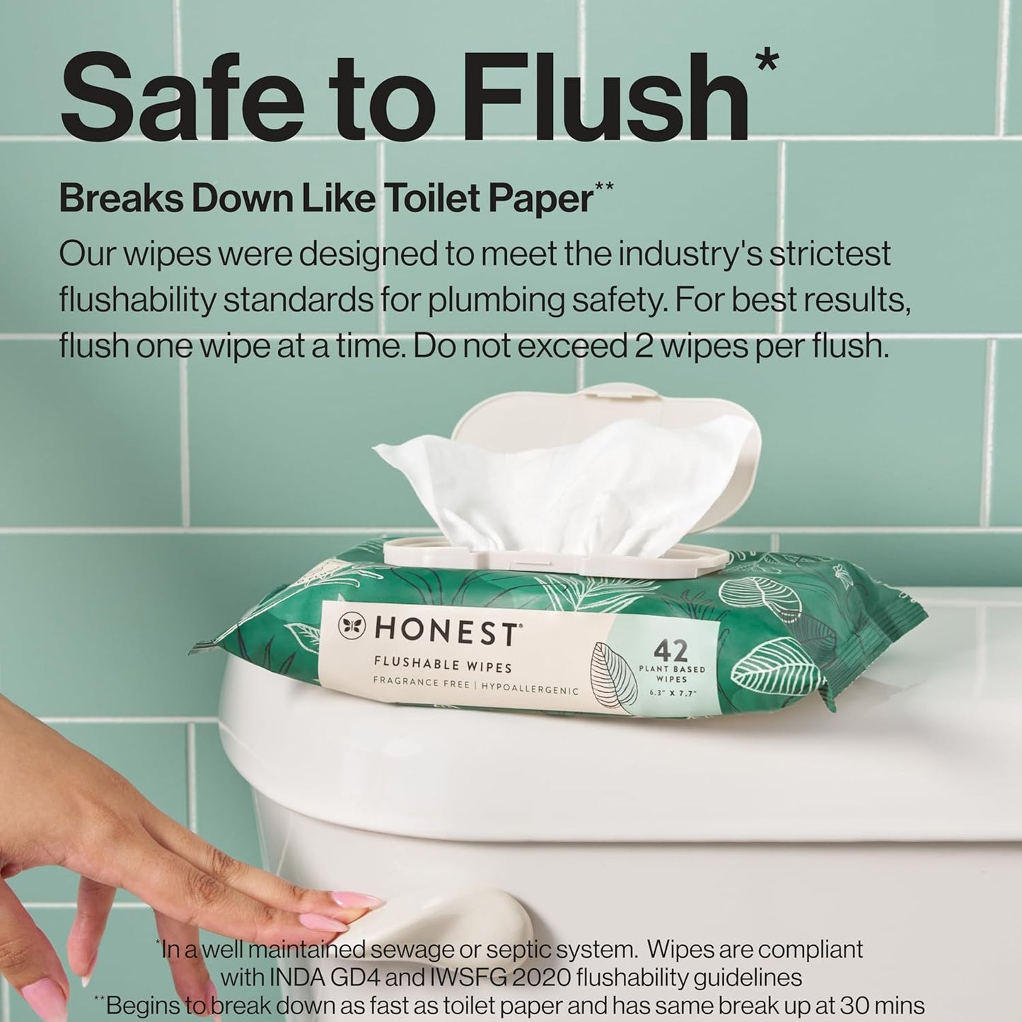 The Honest Company Flushable Wipes for Sensitive Skin | Fragrance Free, Hypoallergenic, 99% Water, Safe to Flush | pH Balanced Feminine Wipes | Tropical Leaves, 126 Count