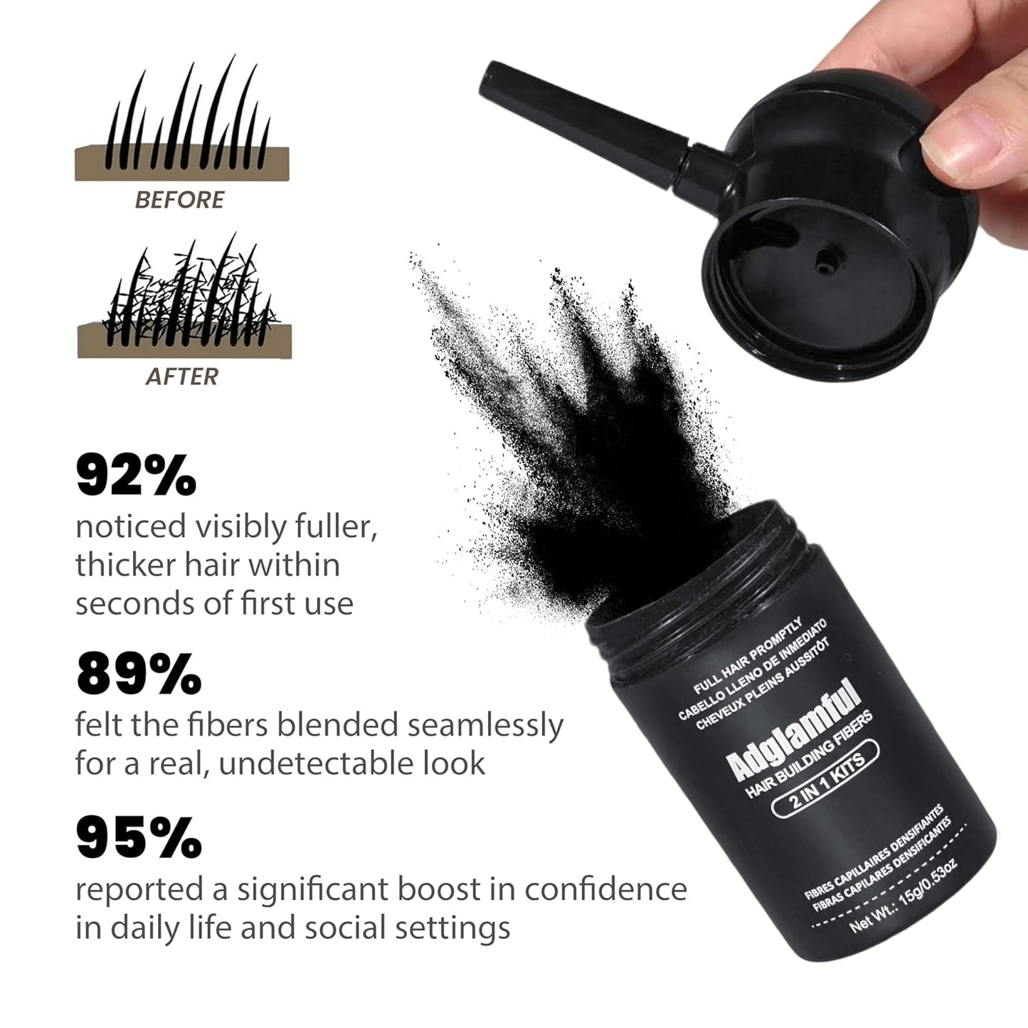 Hair Building Fibers with Spray Applicator, Hair Fibers for Thinning Hair, Undetectable & Long-lasting, Instant Coverage Bald Spots and Hair Loss, Fuller and Thicker Hair Finish (Black, 15g)