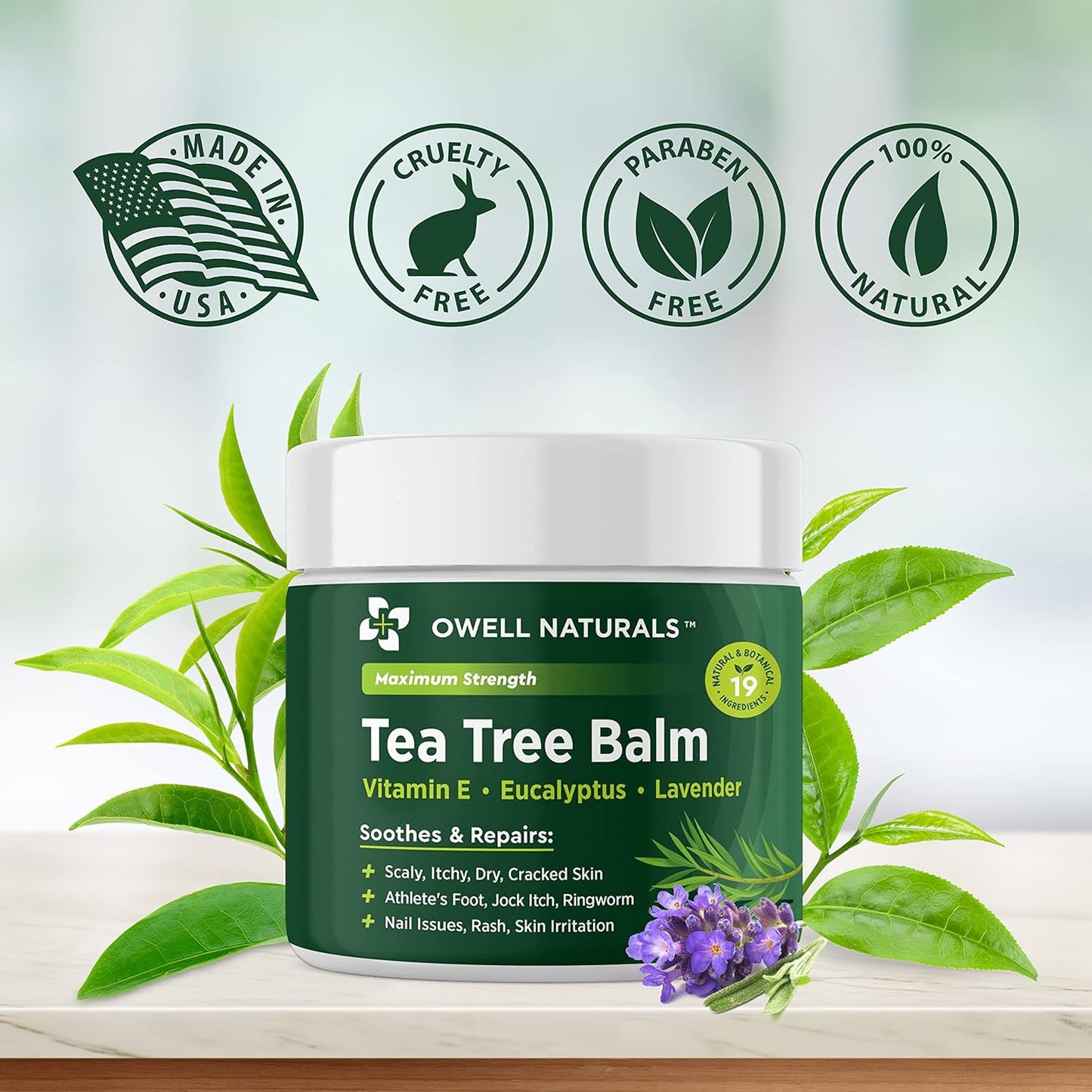 OWELL NATURALS Tea Tree Balm Oil with Vitamin E for Itchy, Dry, Flaky and Cracked Skin, Athletes Foot, Hands, Rashes, Bee Stings, Splinters, Poison Ivy, Insect Bites, Cuts and Burns, (1 Pack)