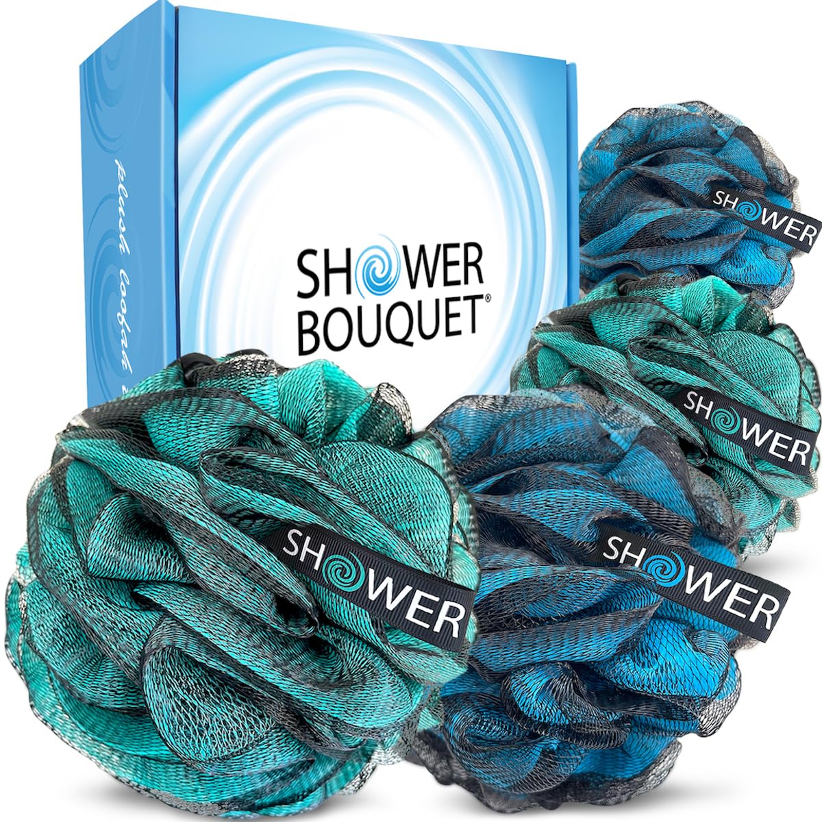 SHOWER BOUQUET Loofah-Charcoal Bath-Sponge XL-4-Pack-Blue-Green // Extra Large 75g Soft Mesh Color & Black Lufa Loofa Loufa Puff Set/Exfoliating Body Scrubber for Women and Men - Exfoliate & Soothe