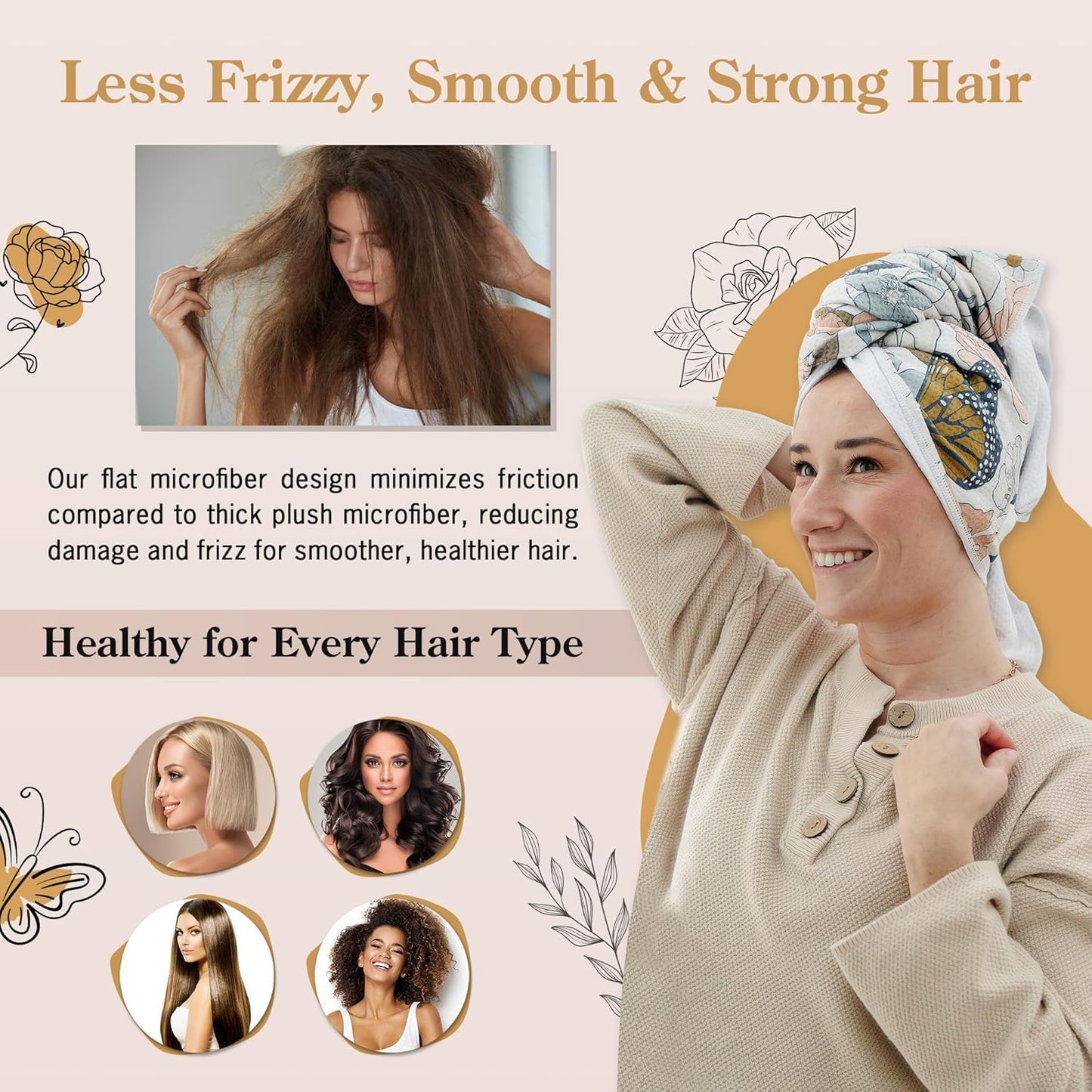 Microfiber Hair Towel Wrap for Women - Anti-Frizz Quick Dry Hair Wrap for Long Hair - Hair Towels for Women, Hair Drying Towel Wrap - Floral Butterfly