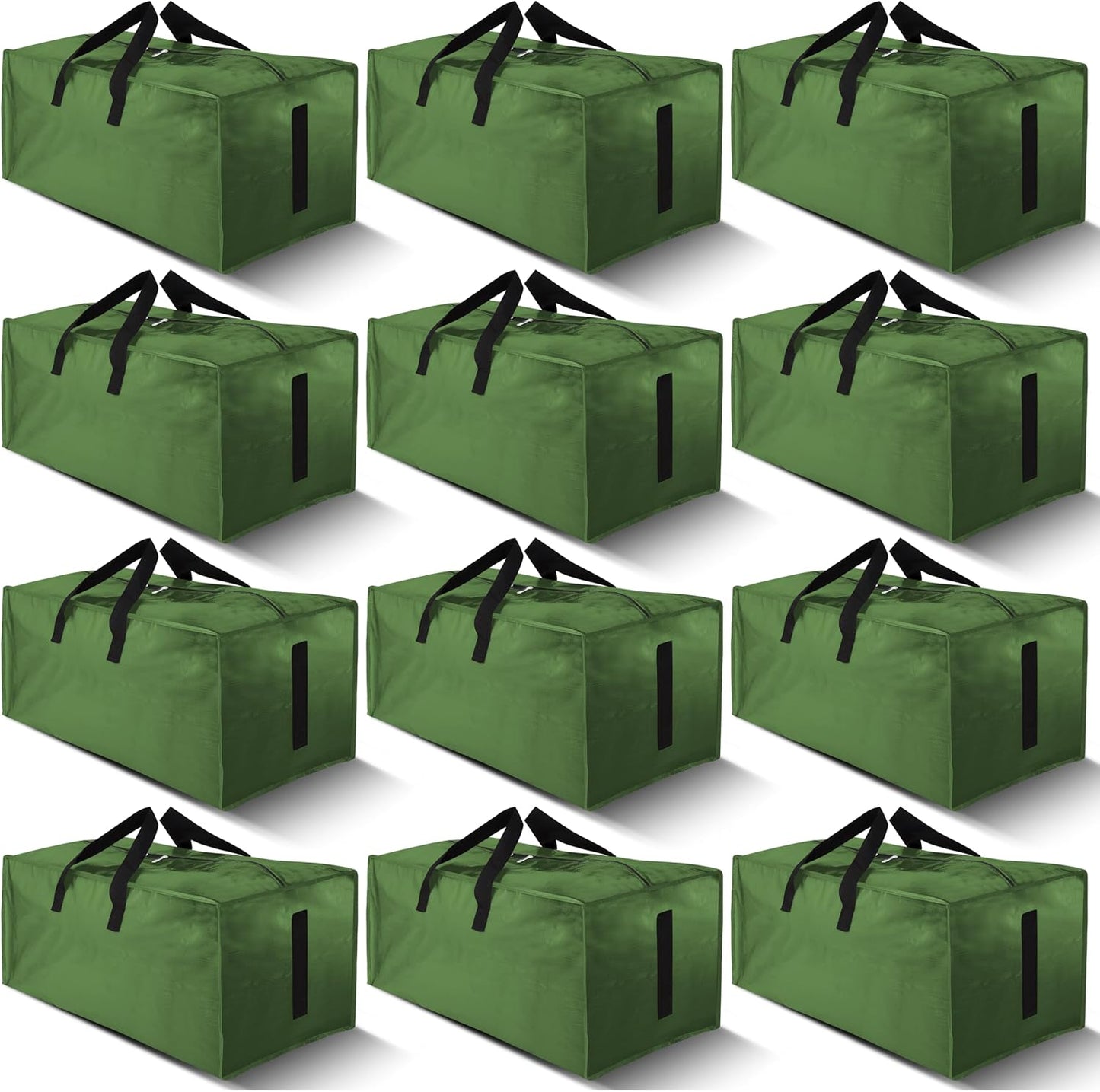 12 Pack Large Strong Moving Bags with Zippers & Carrying Handles - Water-Resistant - Heavy Duty Storage Tote for Space Saving, Fold Flat, Alternative to Moving Box (Olive Green)