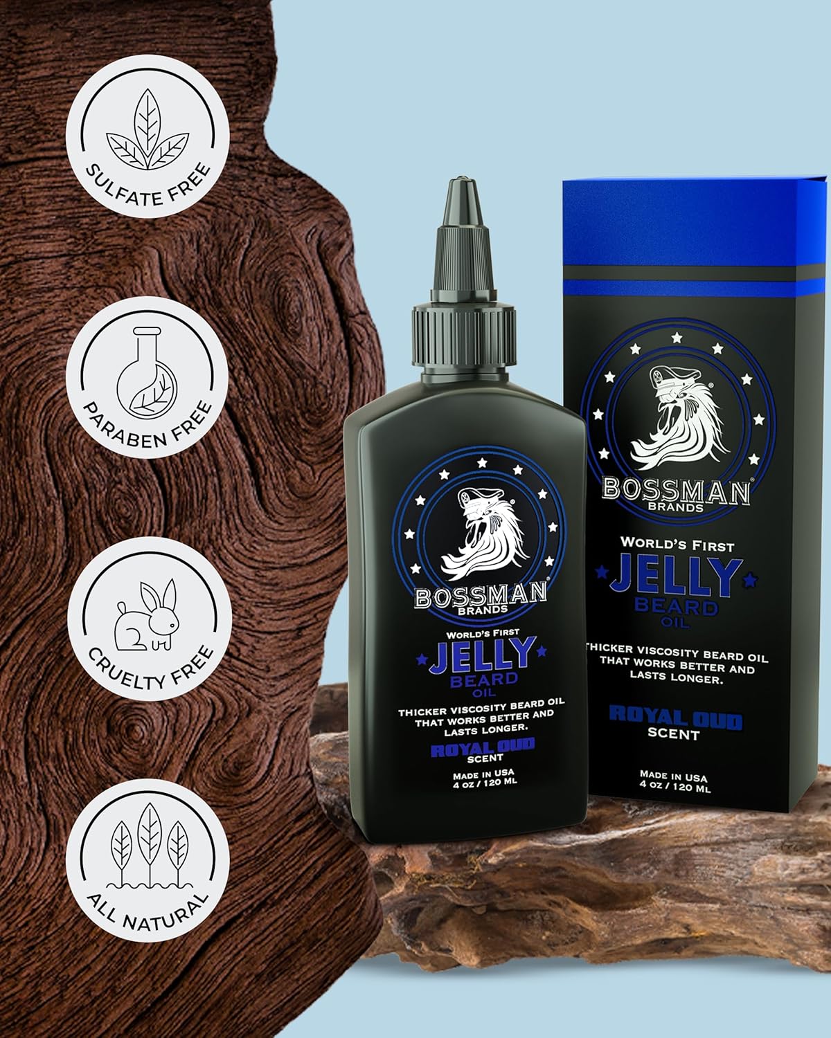 Bossman Jelly Beard Oil for Men (4 oz, Royal Oud Scent) – Softens, Moisturizes & Conditions with Natural Ingredients