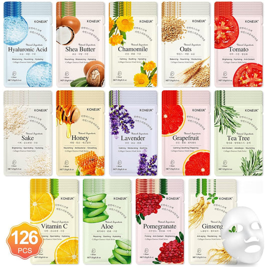 126 Pack Sheet Face Masks Skincare, Bulk Facial Mask Gifts Set for Women Skin Care, Hydrating Face Masks Suitable for All Skin Types, Face Mask Spa for Sensitive Skin