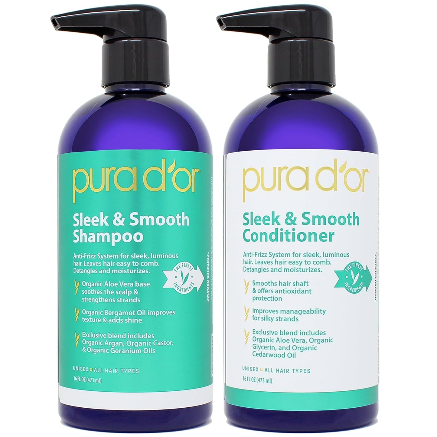 PURA D'OR Sleek & Smooth Shampoo and Conditioner Set For Frizz-Free & Silky Smooth Hair, Infused with Organic Aloe Vera, Argan Oil, Castor Oil, Bergamot Oil & Geranium Oil