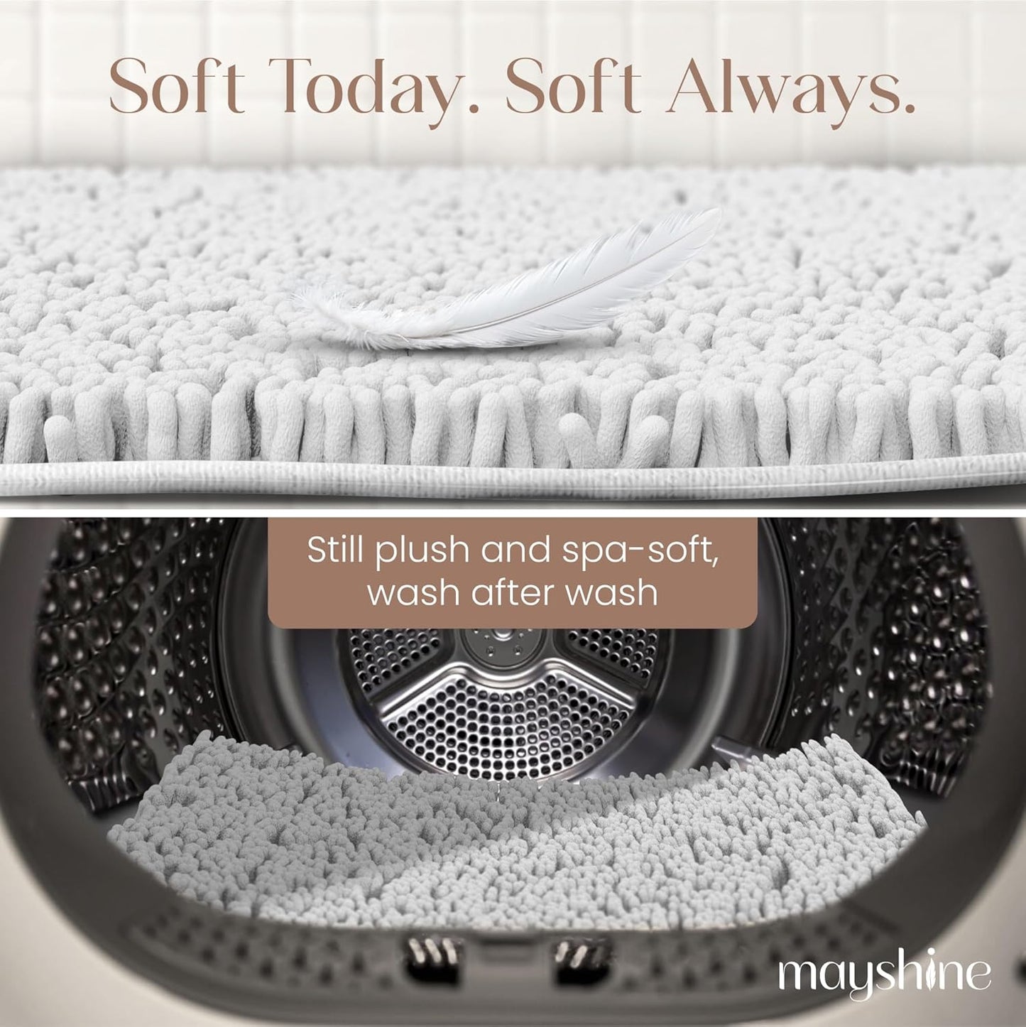 MAYSHINE Plush Shaggy Chenille Bath Mat | Extra Soft, Super Absorbent, Non-Slip Bathroom Rug | Fluffy Microfiber, Area Rug Sets for Bathroom Floor, Kitchen, Living Room | 39"x24" | White