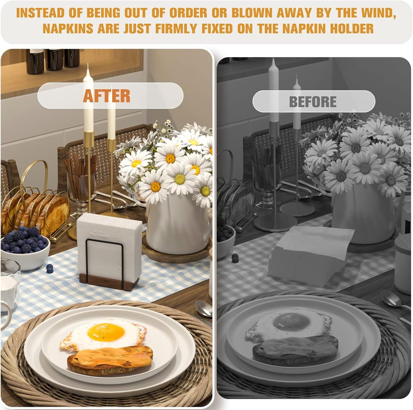 Napkin Holder for Table, Bamboo Iron Standing Napkin Dispenser for Dining Table Farmhouse Cocktail Picnic Rustic Wood Holders All Kitchen Dining Room Decor Black & Brown