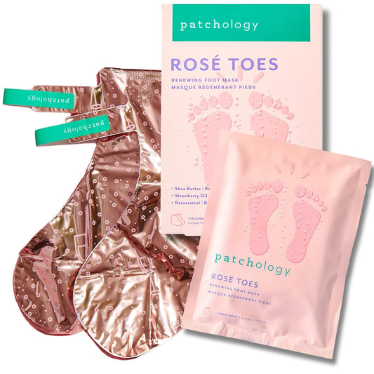 Patchology Rosé Toes Moisturizing Foot Mask – Shea Butter & Strawberry Scented Booties for Dry, Cracked Feet, Disposable Spa Socks with Resveratrol for Soothing Foot Care, Self-Care Essentials