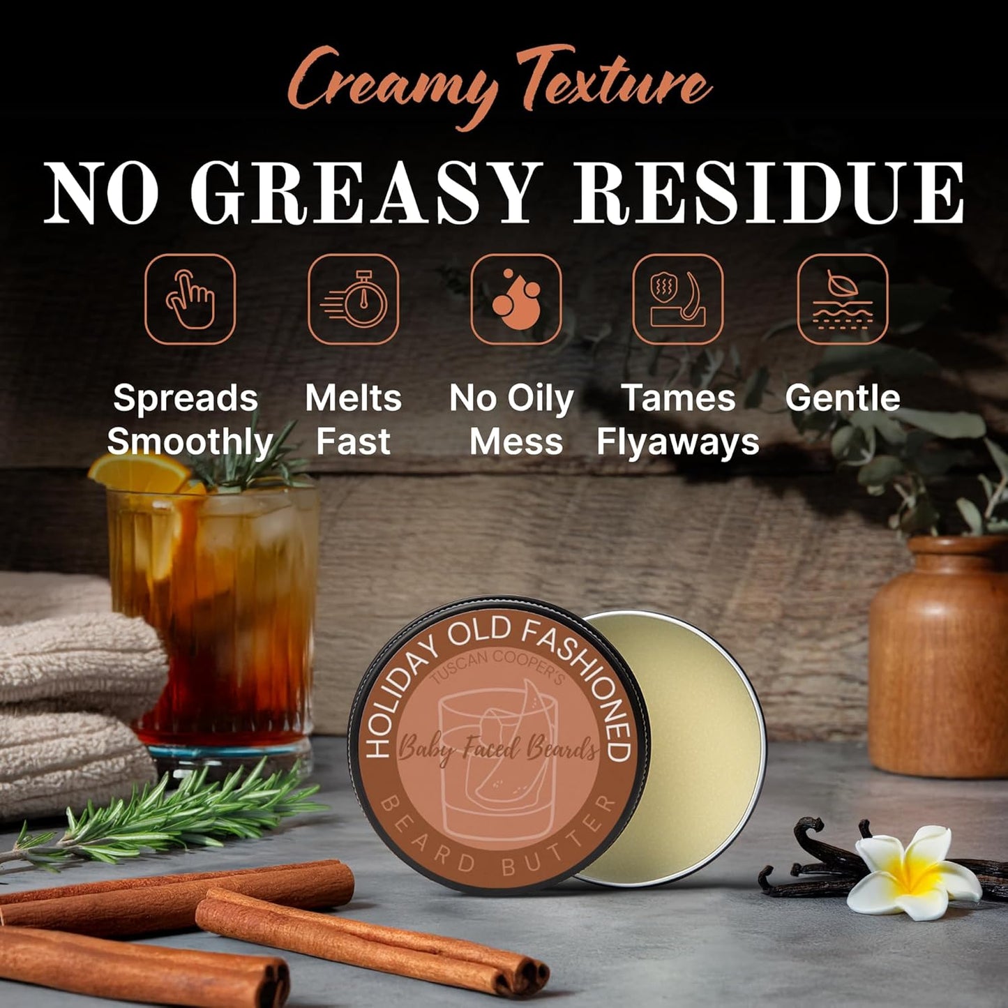 Tuscan Cooper's Baby Faced Beards Butter for Men - Moisturizing Beard Balm Cream and Softener for All Hair Types Including Coarse Hair - 4oz Hydration and Conditioning Care - Holiday Old Fashioned