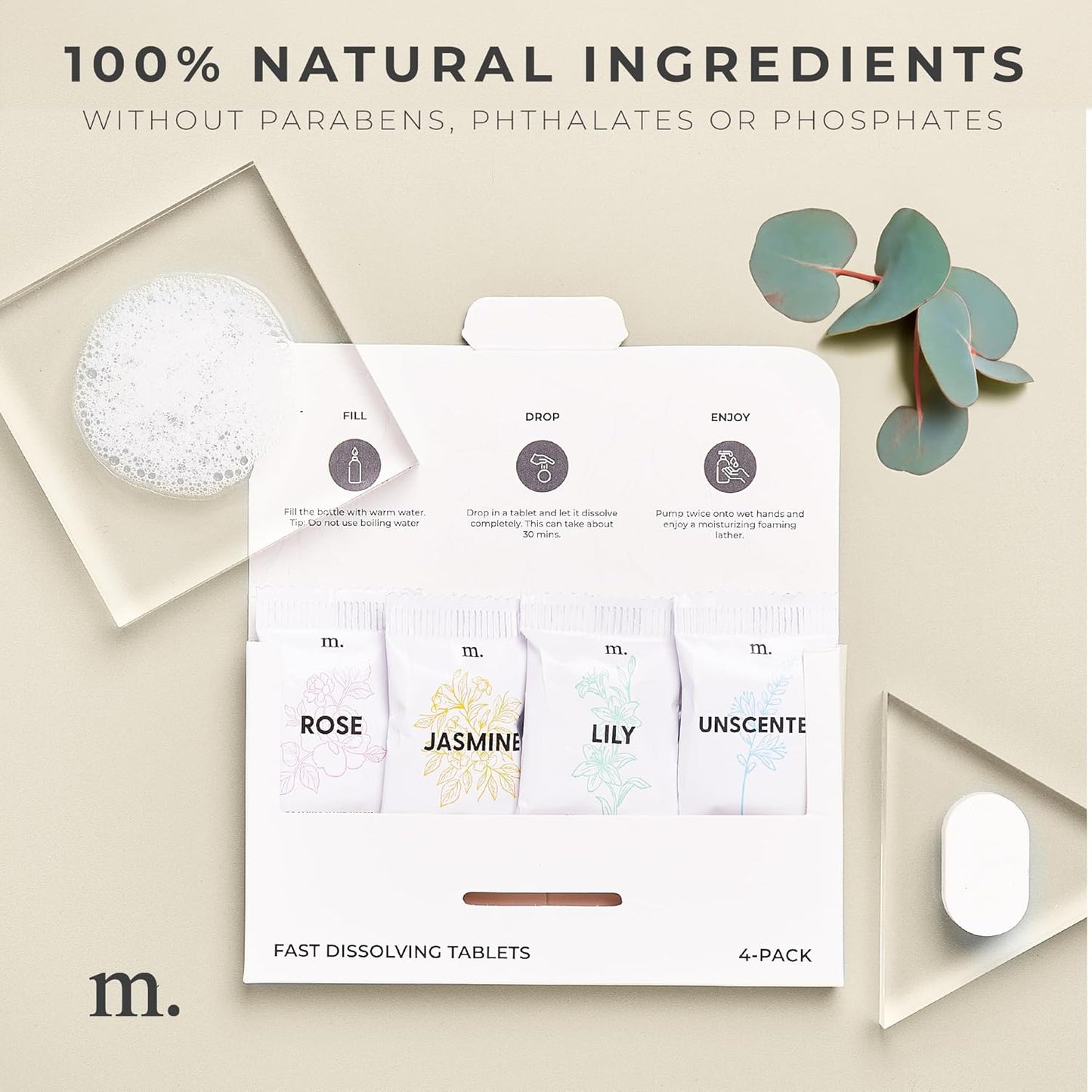 MaisoNovo 14 oz Black Glass Foaming Soap Dispenser with Black Pump - Mixed 4 Pack Foaming Hand Soap Refill Tablets