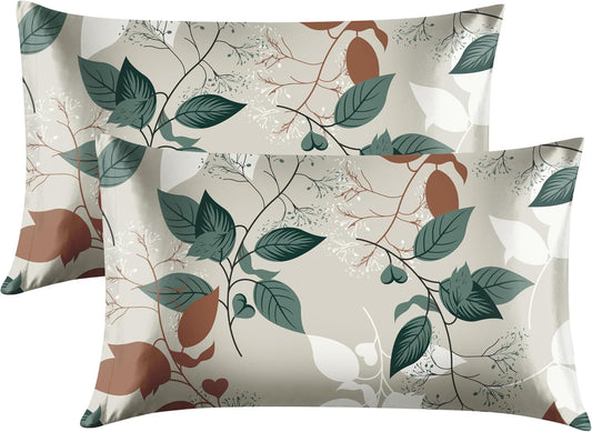 EXQ Home Satin Pillowcase for Hair and Skin Queen - Printed Green Leaves Silk Pillow Cases 2 Pack 20x30 inches - Satin Pillow Cases Set of 2 with Envelope Closure, Gifts for Women Men