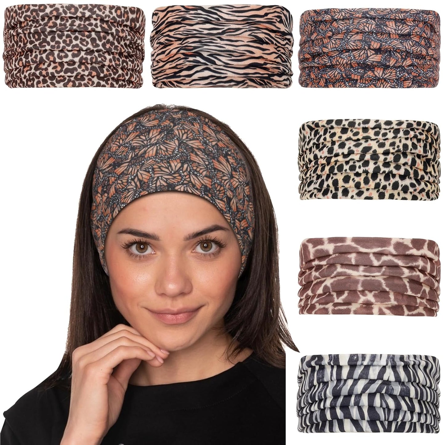 Cobahom 6Pcs Wide Headbands for Women Non Slip Soft Fabric Hair Wrap Boho Head Bands Elastic Sport Hair Bands for Workout Yoga Running (Animal Pattern)