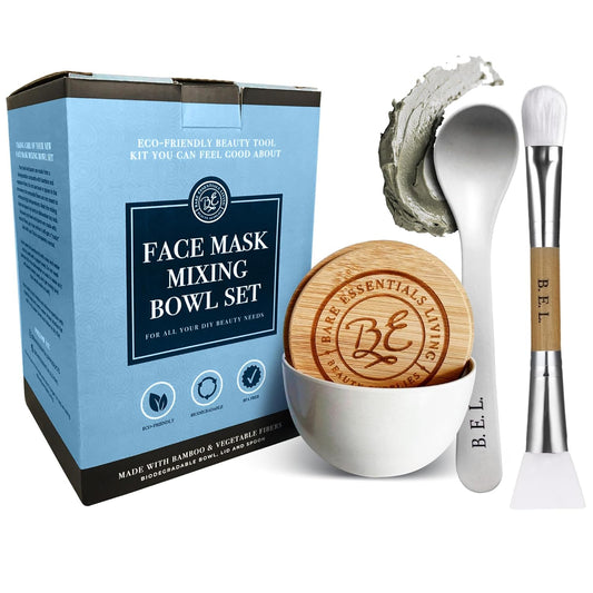 Bare Essentials Living - Clay Face Mask Mixing Bowl Set, Skin Care Kit Facial Bowls with Bamboo Lid, Face Mask Spoon, & Dual Sided Face Mask Brush Applicator for DIY Clay Mask, Facials & Hair (White)