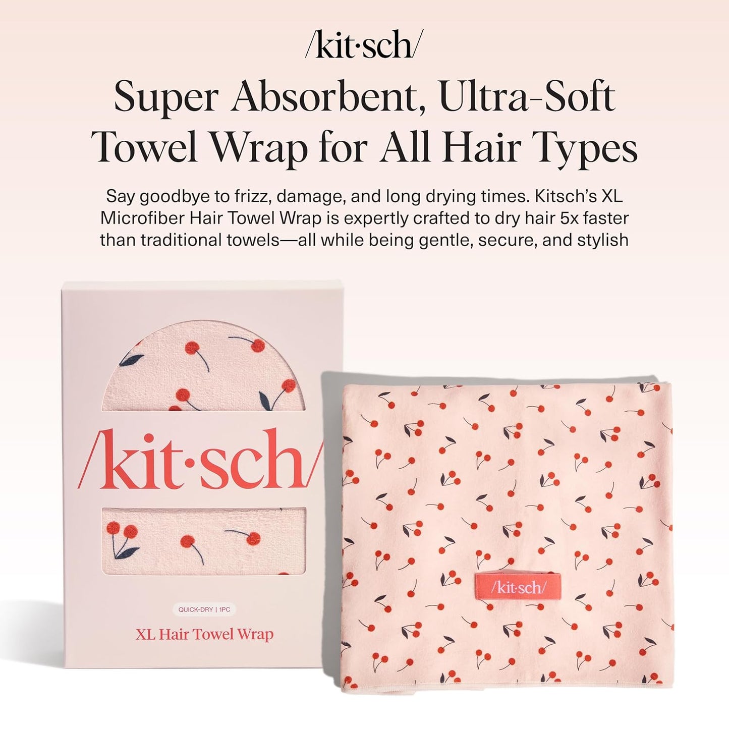 Kitsch XL Microfiber Hair Towel Wrap for Women – Ultra Absorbent Microfiber Towel for Wet, Curly, Long or Short Hair – Quick Dry, Anti-Frizz Hair Wrap – Cherry Print, 40x24 inches