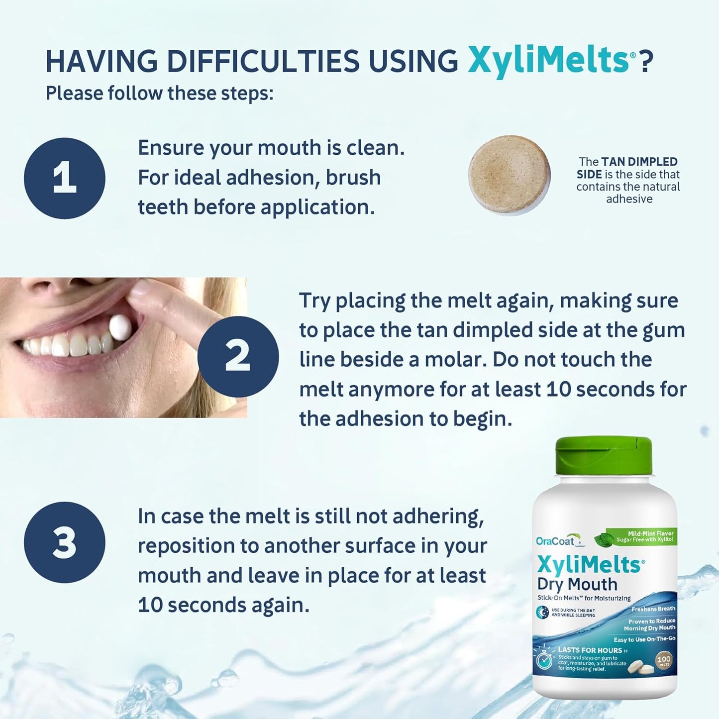 Oracoat XyliMelts for Dry Mouth Night Time or Day - Moisturizing Dry Mouth Adhering Discs, Sugar Free with Xylitol, 100 Count, Mild Mint Flavor, 8-Hour Relief