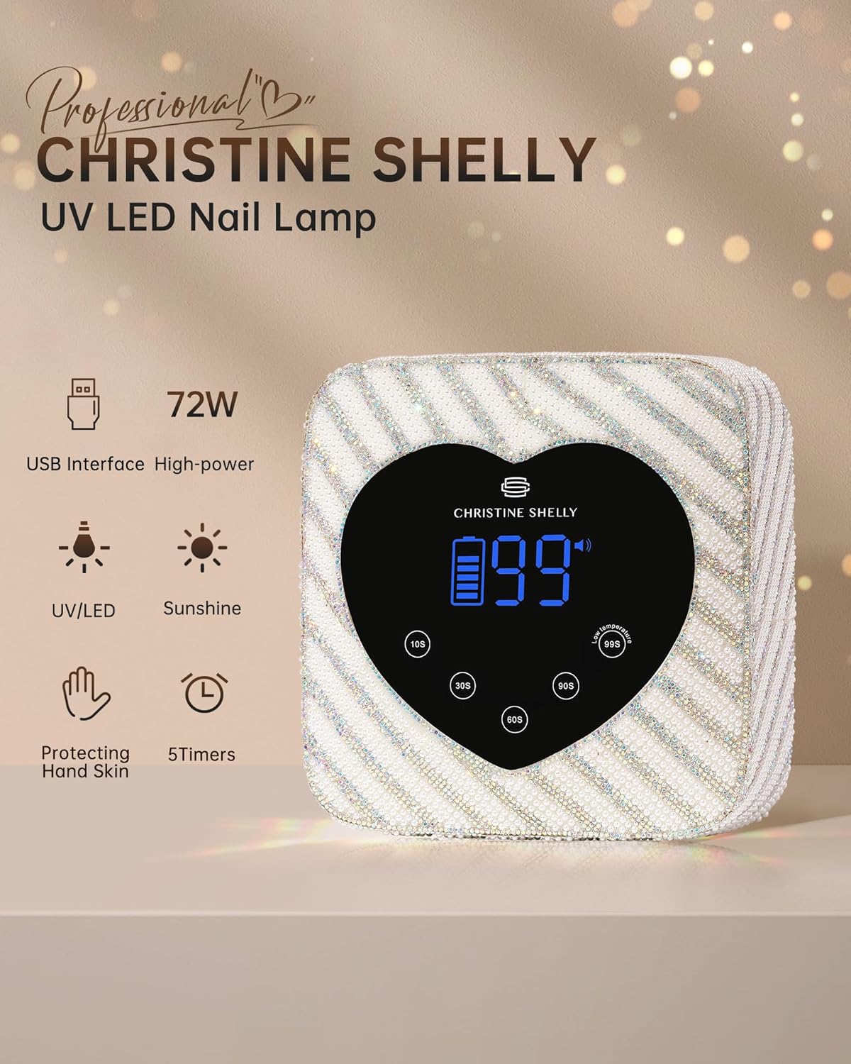 UV LED Nail Lamp 72W Rechargeable Sparkly Nail Dryer Gel Polish Light with 5 Timer Setting Professional Quick Dry Curing Lamp with Display Auto Sensor for Salon & Home, Pearl Diamond