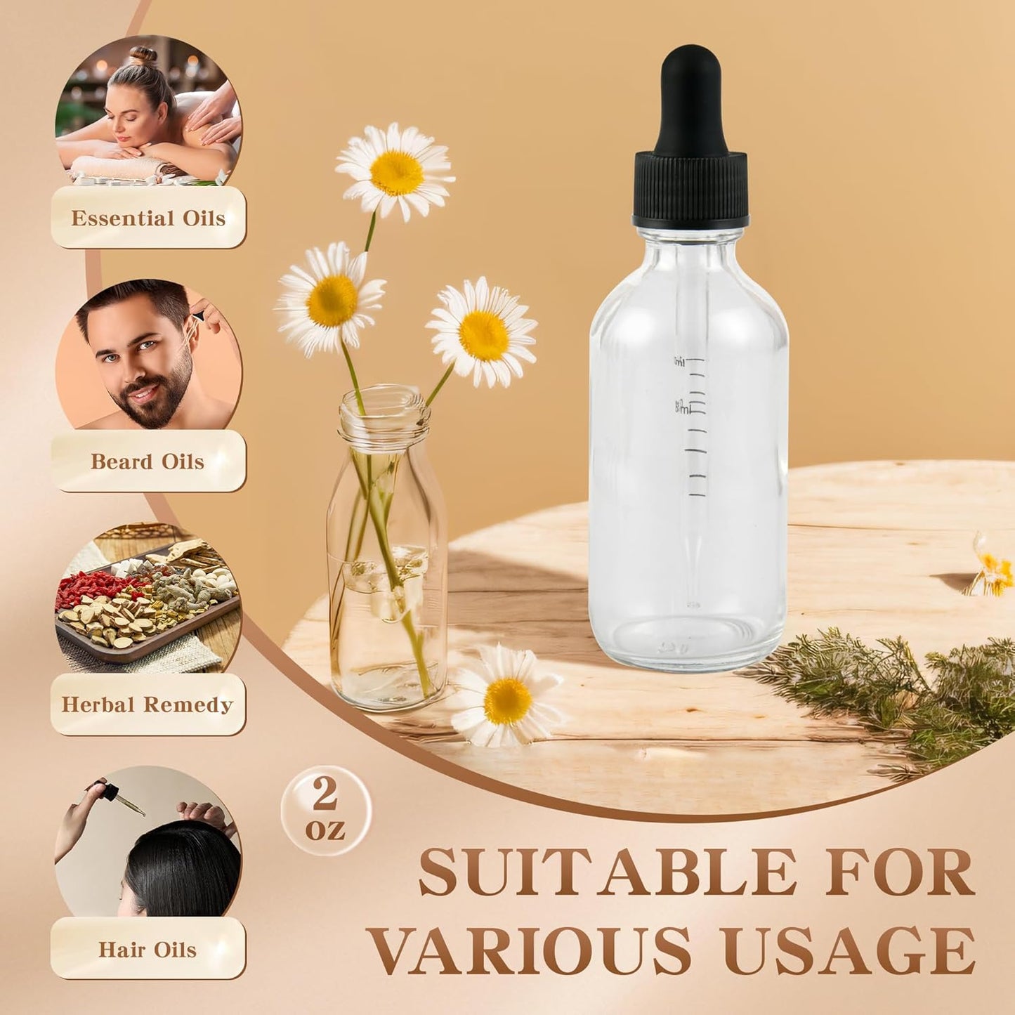 BILLIONSTARS 24 Pack 2oz Glass Boston Round Bottle with Graduated Calibrated Glass Pipettes - Clear - Tincture Bottles for Essential Oils, Liquids - Leakproof Travel Bottles