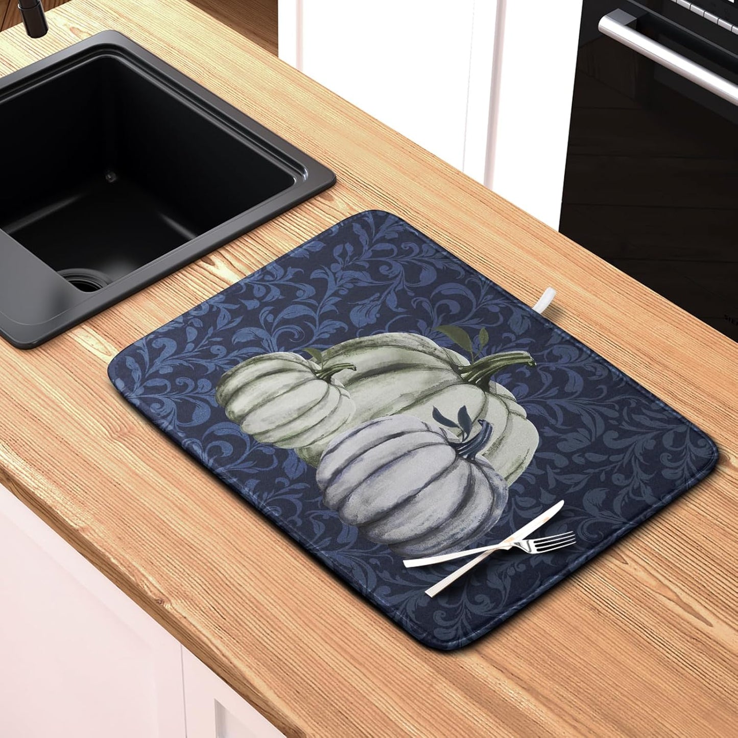 Autumn Dish Drying Mat Fall Navy Blue White Pumpkin Dish Pad for Kitchen Counter 18x24 Microfiber Absorbent Thanksgiving Dish Draining Mat Reusable Washable Dish Drainer Rack Mat
