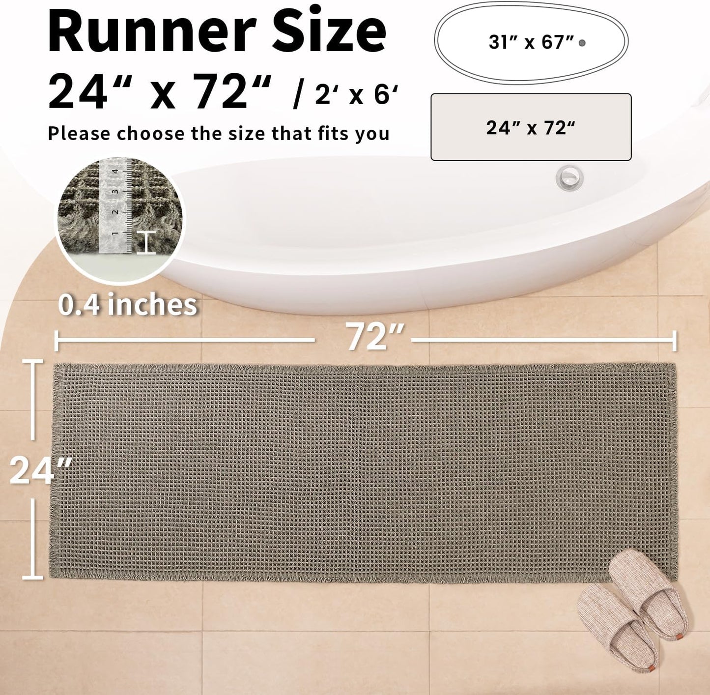 Waffle Runner Bath Mat - Long Boho Bathroom Rugs Non Slip Washable, Super Absorbent & Quick Dry, Soft Bath Mat Farmhouse Bathroom Decor, 24'' x 72'', Olive Green