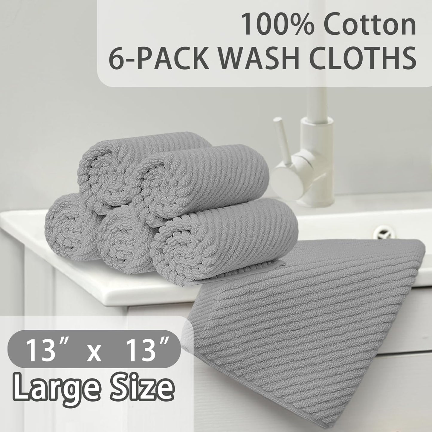 VOOVA & MOVAS Grey Washcloths 6PC (13"x13") - 100% Cotton | Lightweight | Thick | Quick Dry | Soft | Absorbent, Small Hand Towels for Face, Wash Cloths for Bathroom & Showering, Towel Gift Set, Gray