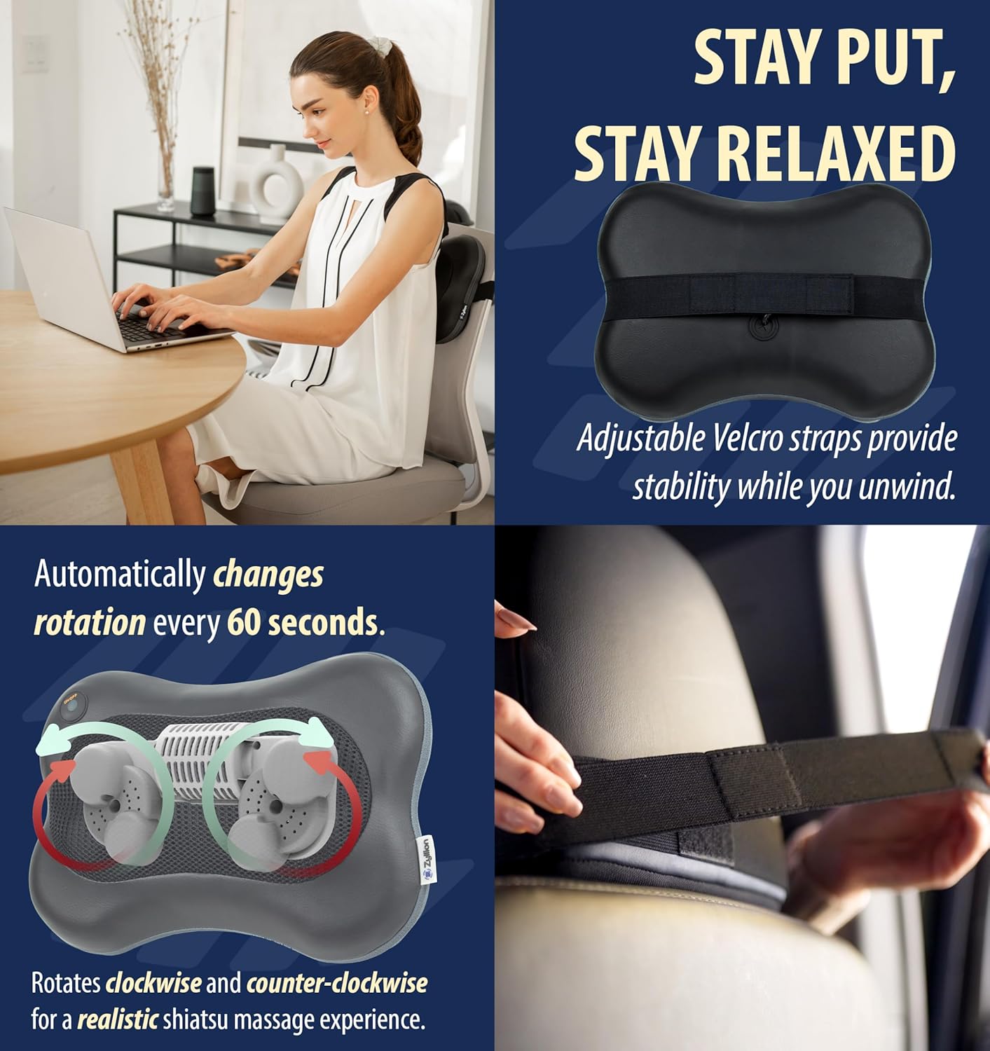 Zyllion Shiatsu Back and Neck Massager with Heat - Cordless Rechargeable 3D Electric Kneading Deep Tissue Massage Pillow for Muscle Pain Relief, Black, ZMA-13RB