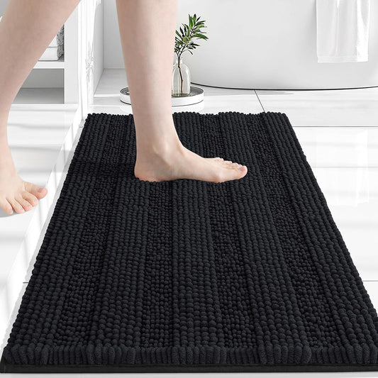 Grandaily Chenille Striped Bathroom Rugs 24x16, Extra Thick and Absorbent Bath Mats, Non-Slip Soft Plush Shaggy Shower Carpet, Machine Wash Dry, Bath Rug for Bathroom, (Small, Black)